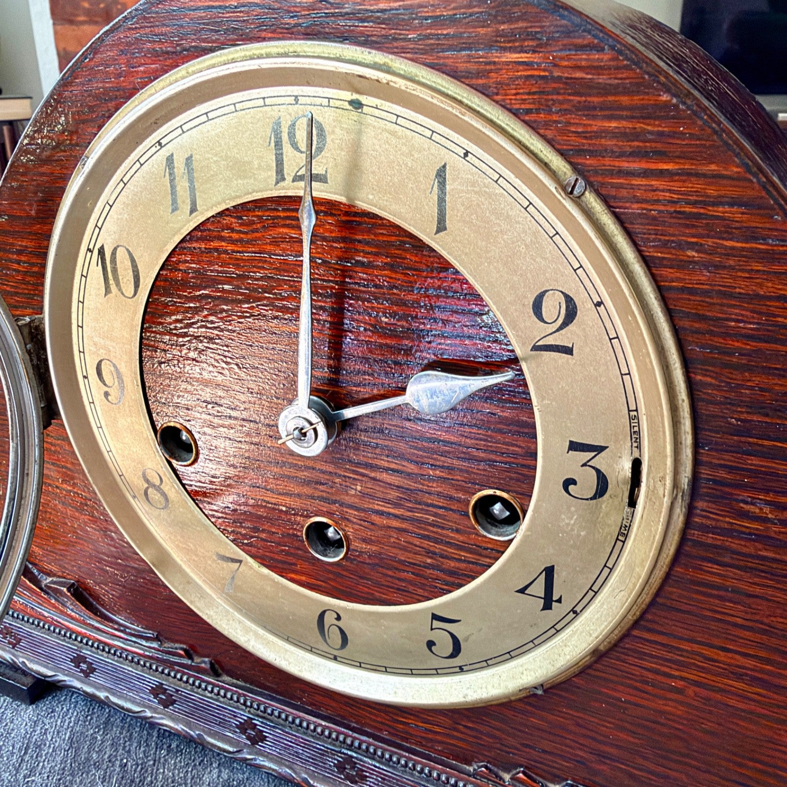 Restored 1930s Art Deco Westminster Chime Mantel Clock Alpine Carved Case