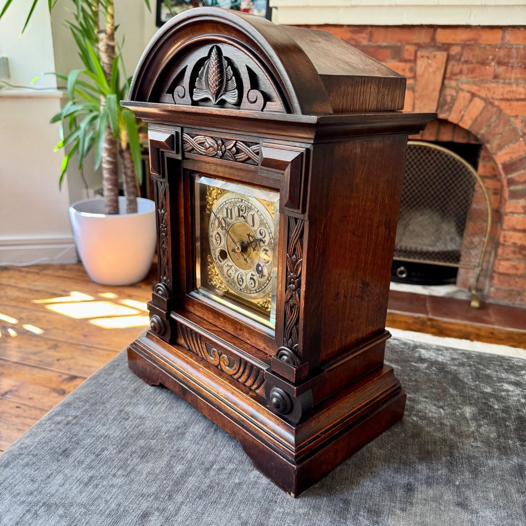  Large Antique Junghans Mantel Clock Carved Oak Time Only c1910