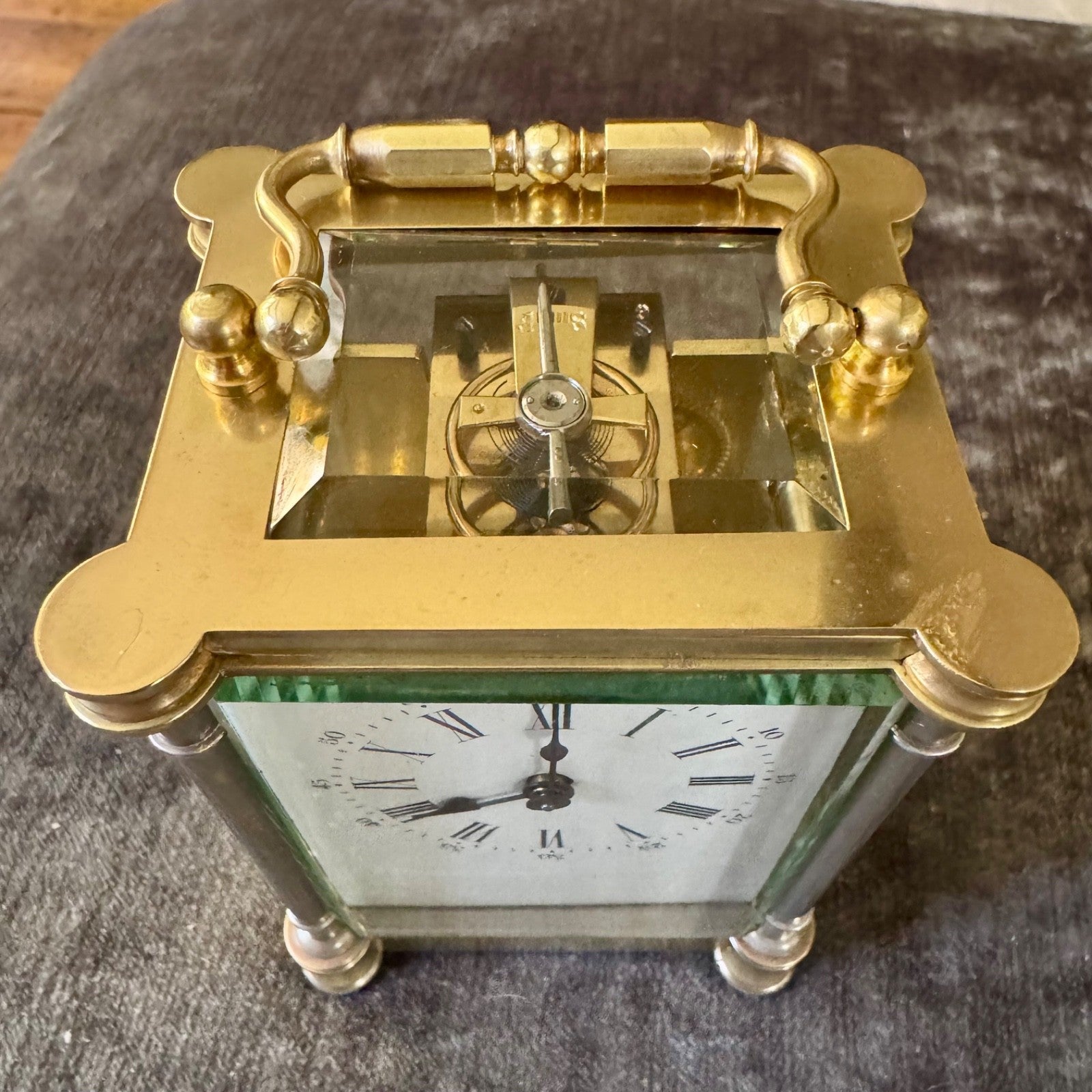 Antique French Brass Carriage Clock Five Glass Bevelled Fully Serviced Leather C