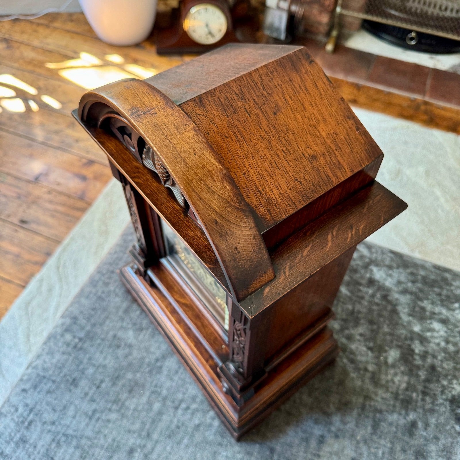  Large Antique Junghans Mantel Clock Carved Oak Time Only c1910