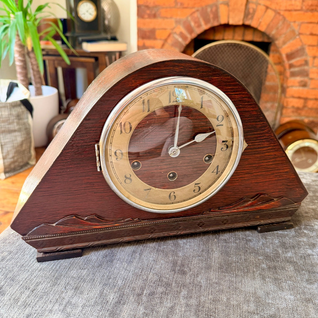 Restored 1930s Art Deco Westminster Chime Mantel Clock Alpine Carved Case