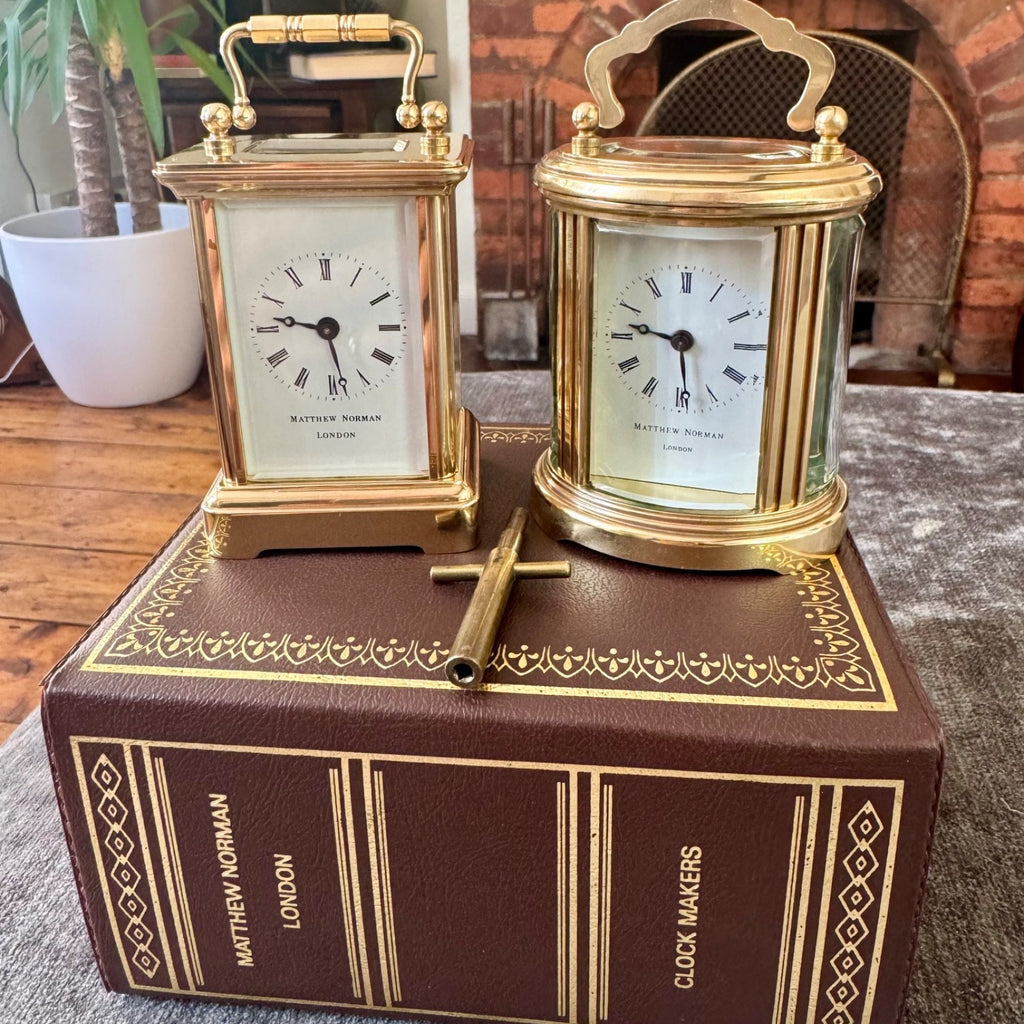 Pair Matthew Norman Miniature Swiss Carriage Clocks Boxed 1977 Serviced