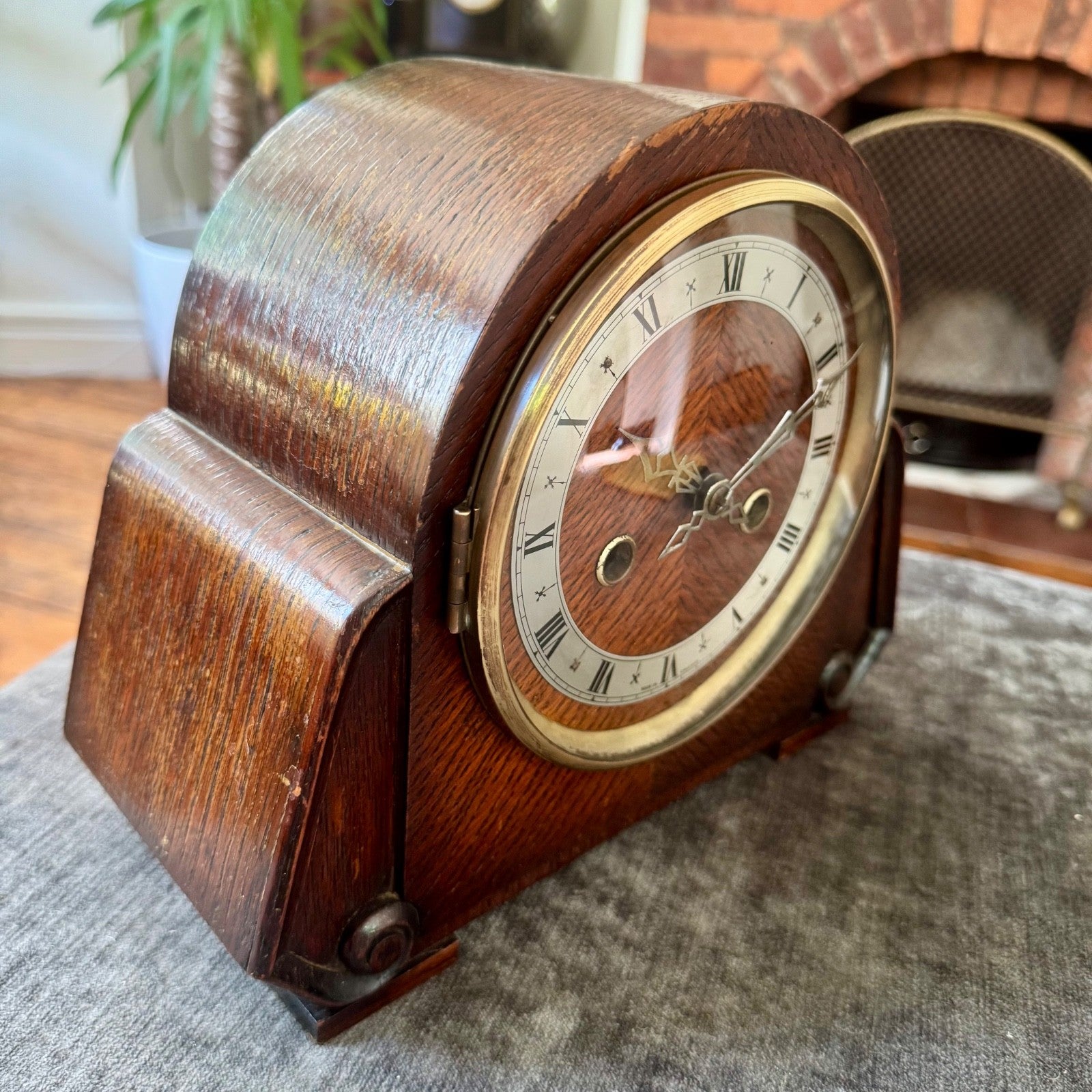 Vintage English Art Deco Oak Mantel Clock Twin Train Gong Strike Fully Serviced 