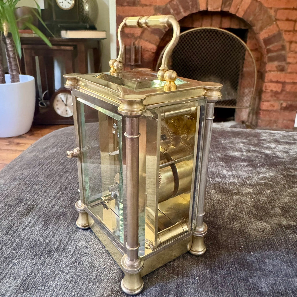 Antique French Brass Carriage Clock Five Glass Bevelled Fully Serviced Leather C