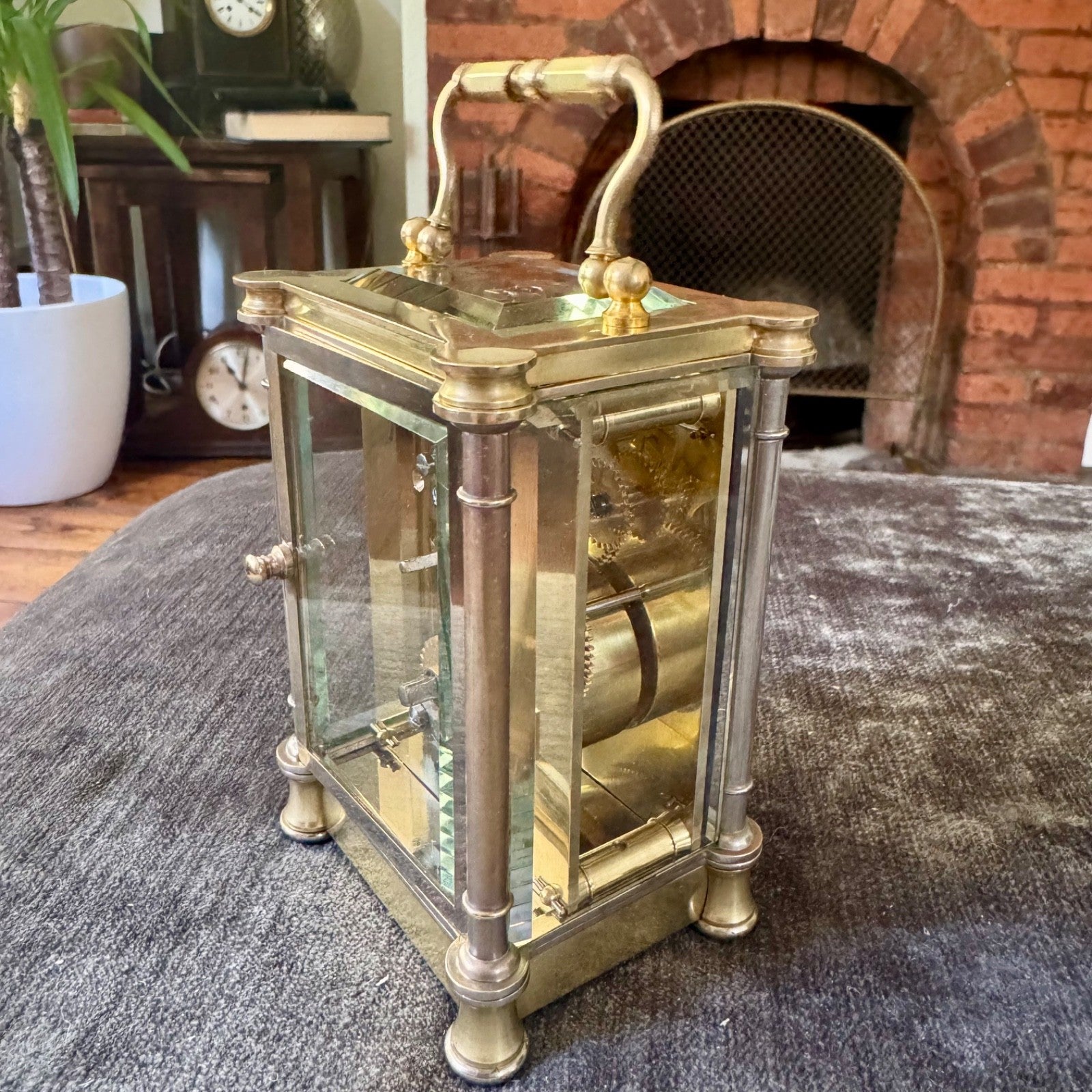 Antique French Brass Carriage Clock Five Glass Bevelled Fully Serviced Leather C