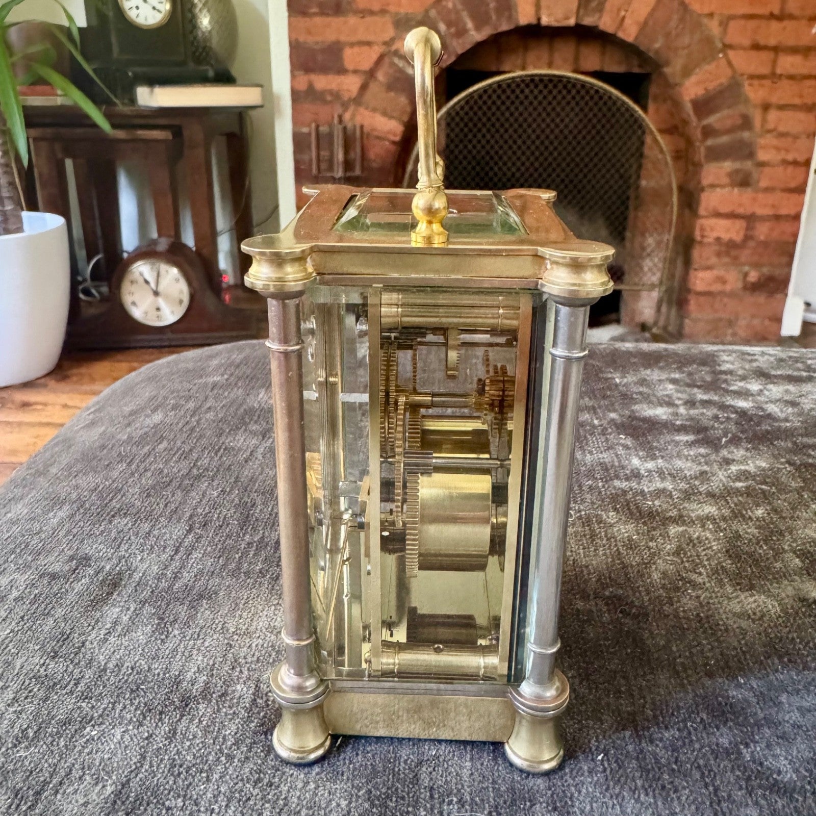 Antique French Brass Carriage Clock Five Glass Bevelled Fully Serviced Leather C