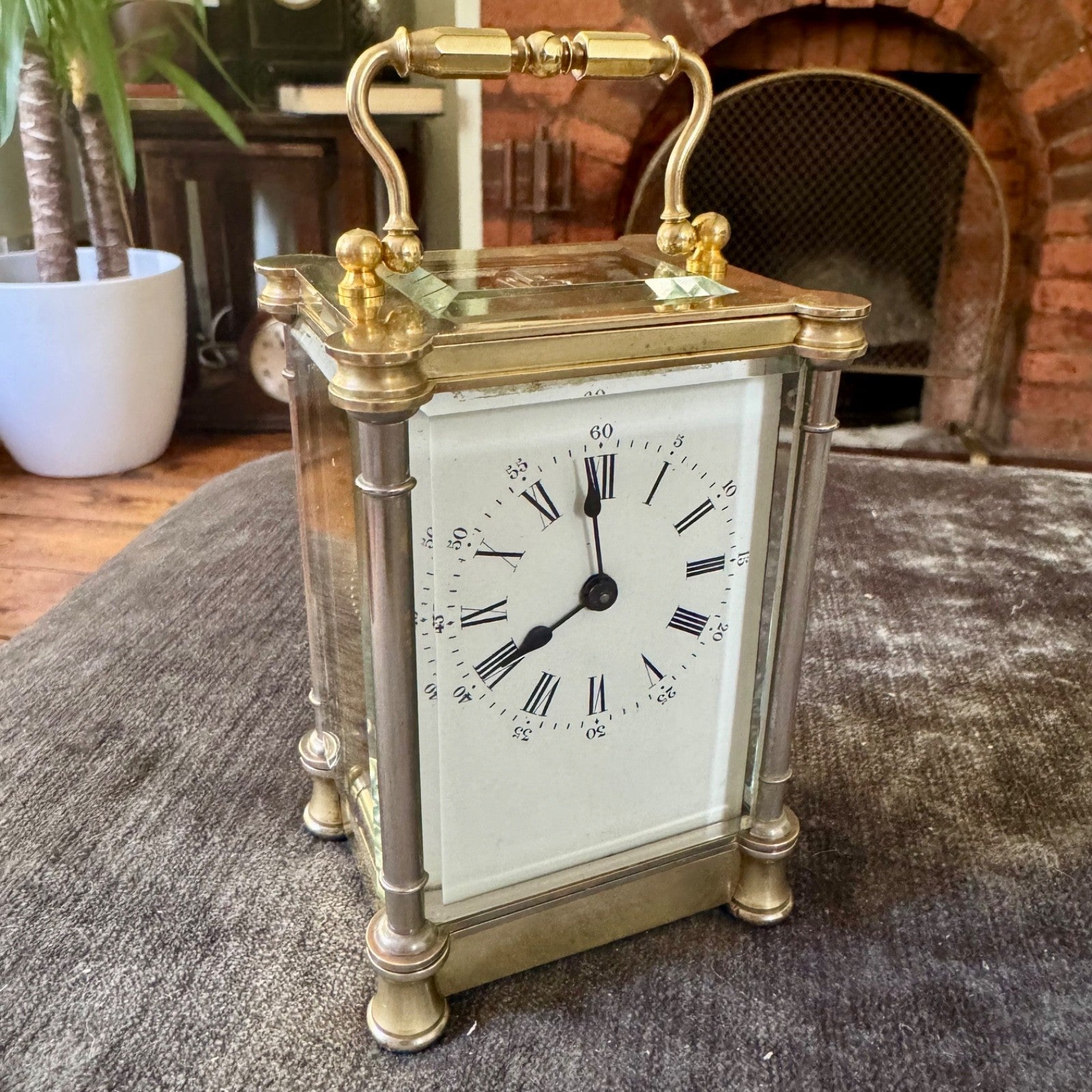 Antique French Brass Carriage Clock Five Glass Bevelled Fully Serviced Leather C - Mahn and Co Clock Repairs