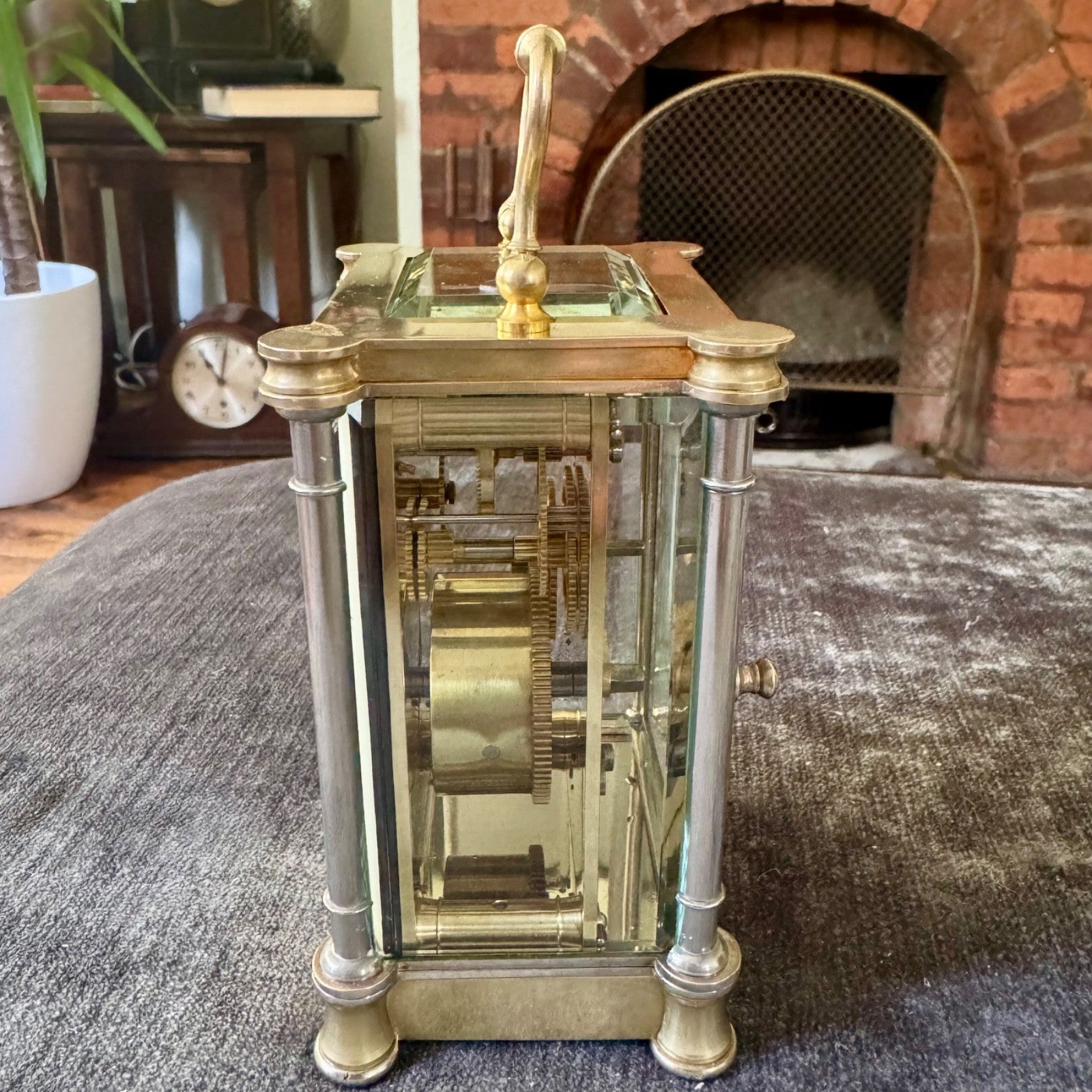 Antique French Brass Carriage Clock Five Glass Bevelled Fully Serviced Leather C - Mahn and Co Clock Repairs