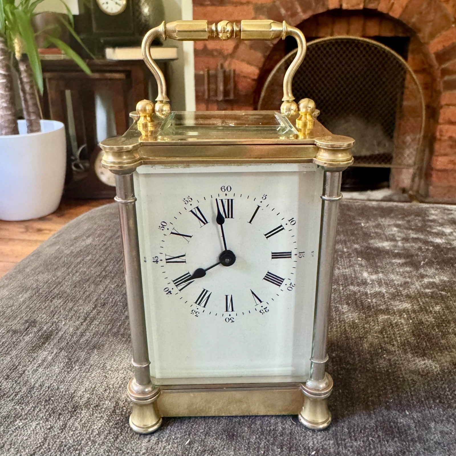 Antique French Brass Carriage Clock Five Glass Bevelled Fully Serviced Leather C - Mahn and Co Clock Repairs