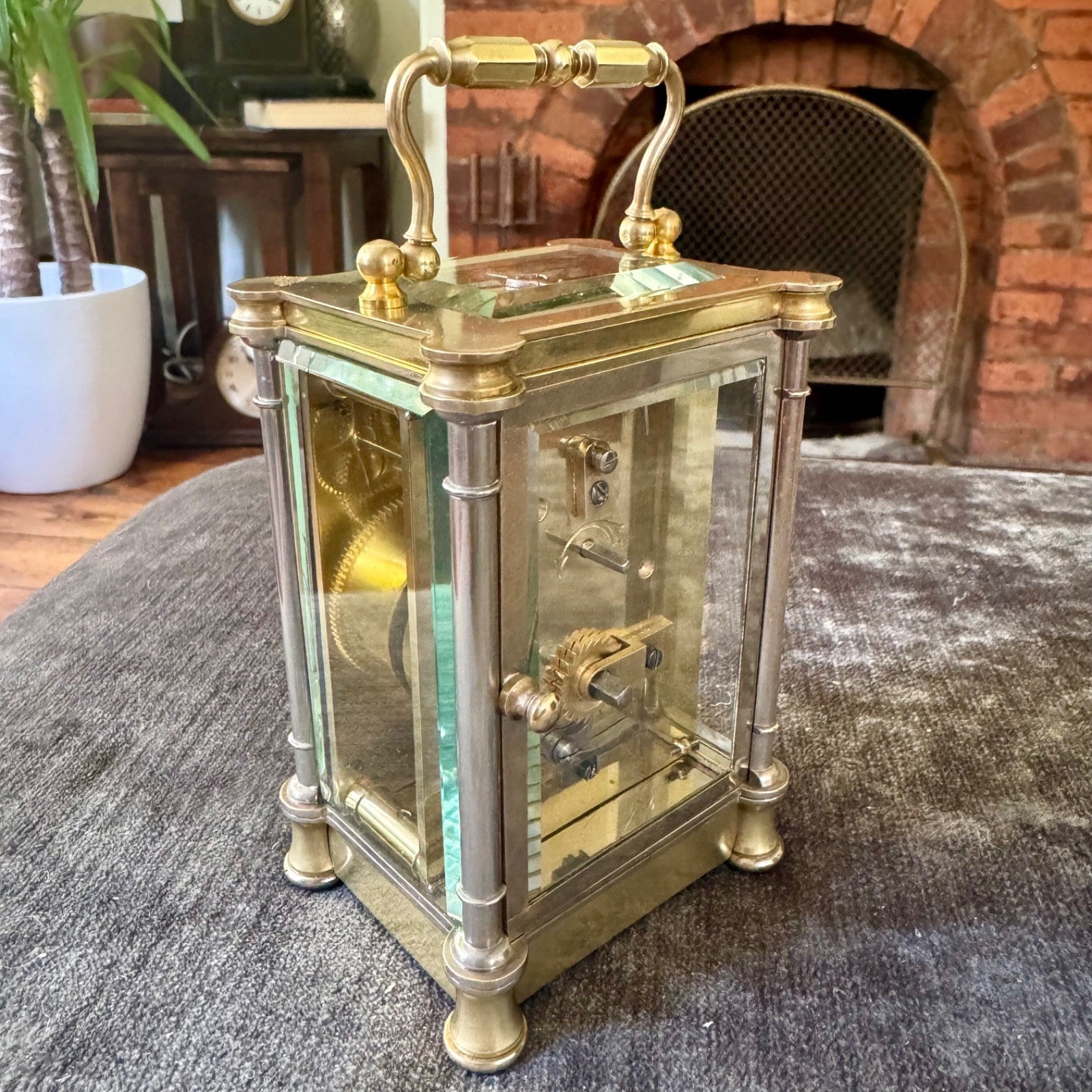 Antique French Brass Carriage Clock Five Glass Bevelled Fully Serviced Leather C - Mahn and Co Clock Repairs