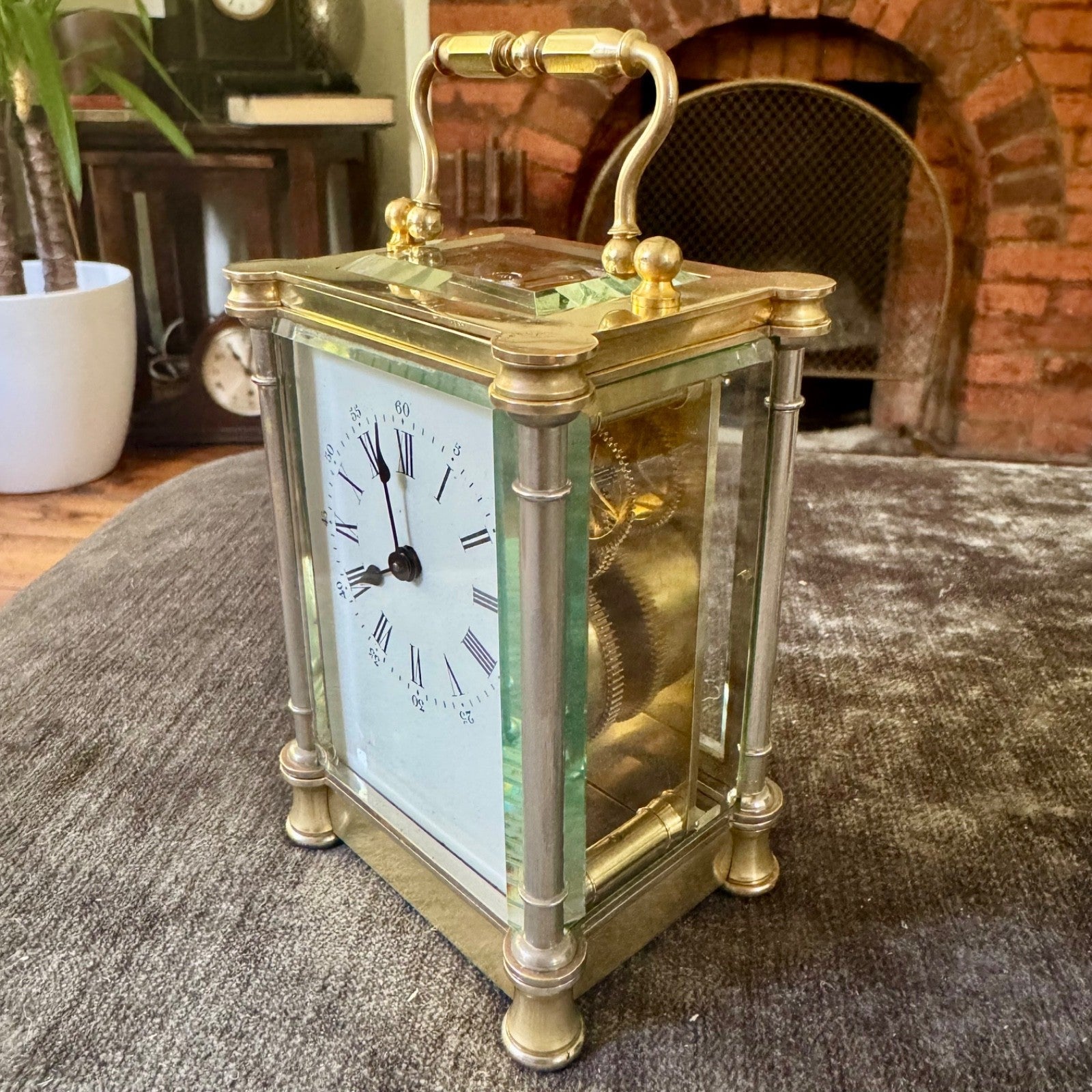 Antique French Brass Carriage Clock Five Glass Bevelled Fully Serviced Leather C - Mahn and Co Clock Repairs