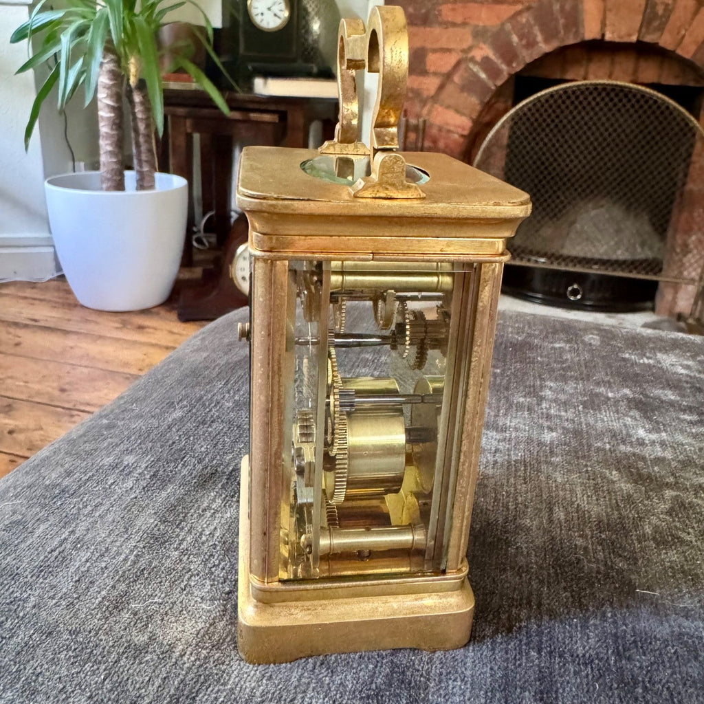 Antique French Brass Carriage Clock Time Only 5 Bevelled Glasses Fully Serviced - Mahn and Co Clock Repairs