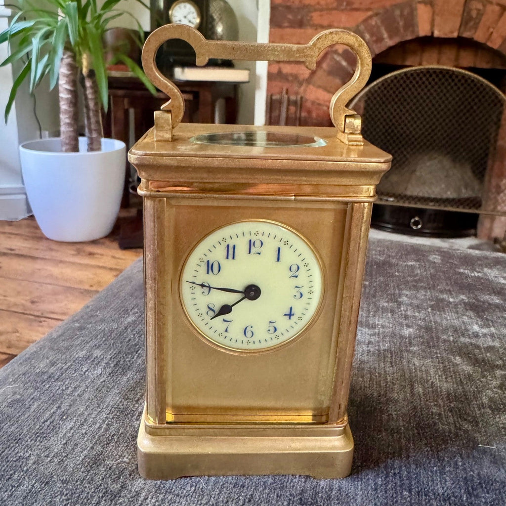Antique French Brass Carriage Clock Time Only 5 Bevelled Glasses Fully Serviced - Mahn and Co Clock Repairs