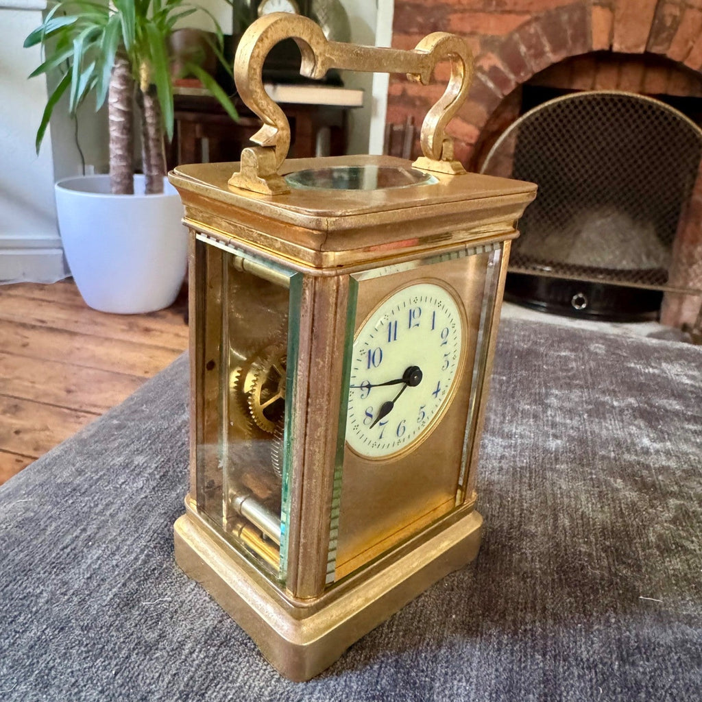 Antique French Brass Carriage Clock Time Only 5 Bevelled Glasses Fully Serviced - Mahn and Co Clock Repairs