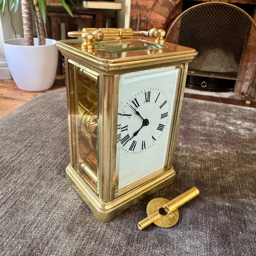 Antique French Brass Carriage Clock Time Only Fully Serviced Bevel Glass 14cm - Mahn and Co Clock Repairs