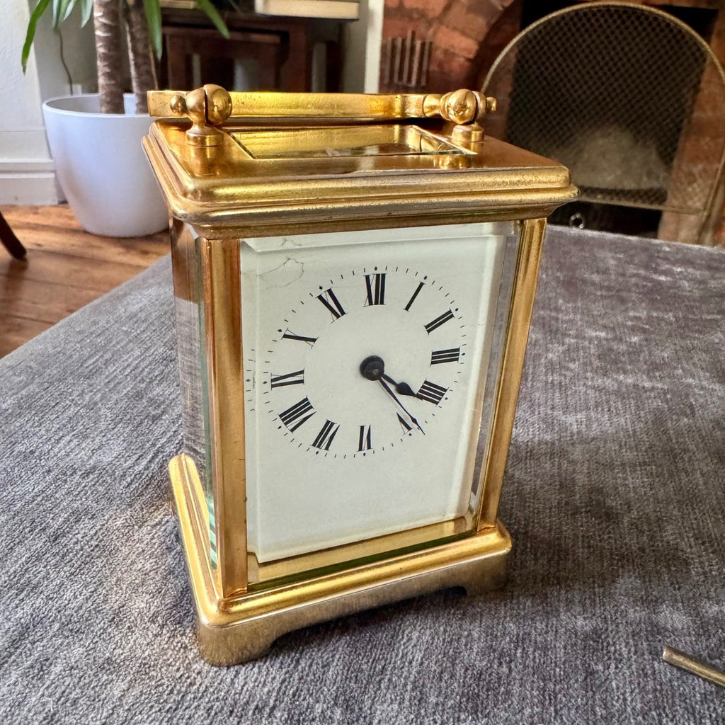 Antique French Gilt Brass Carriage Clock 8 Day Timepiece Serviced Working - Mahn and Co Clock Repairs
