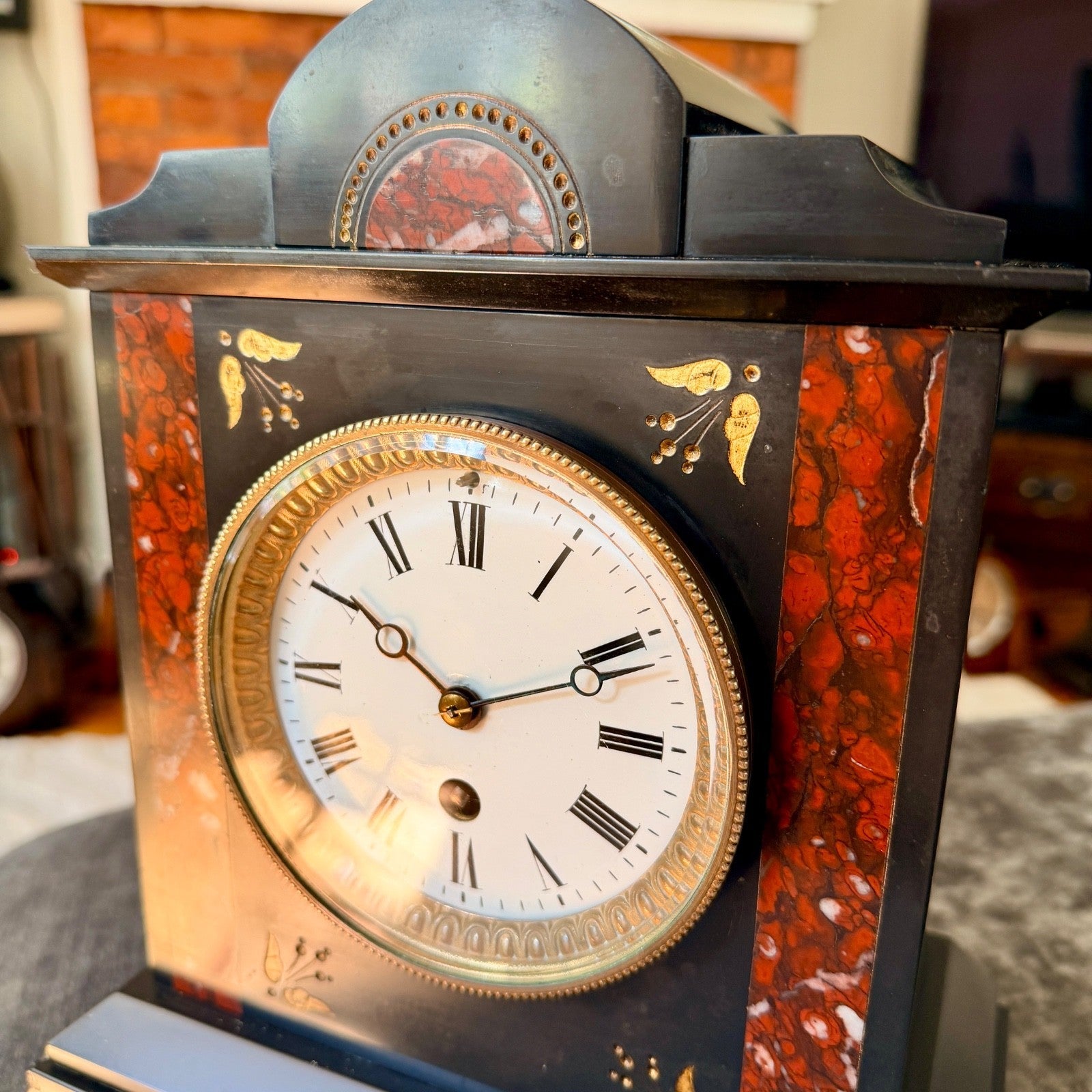 Antique French Japy Freres Slate Marble Mantel Clock Serviced c1880 - Mahn and Co Clock Repairs