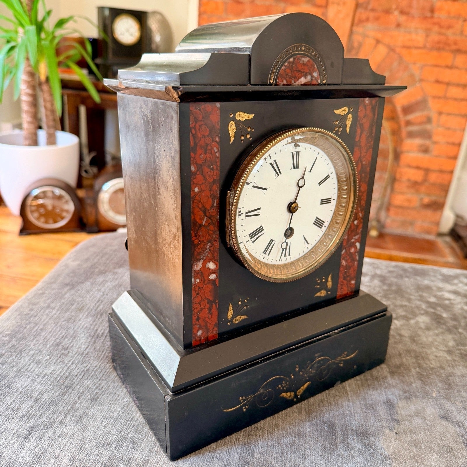 Antique French Japy Freres Slate Marble Mantel Clock Serviced c1880 - Mahn and Co Clock Repairs