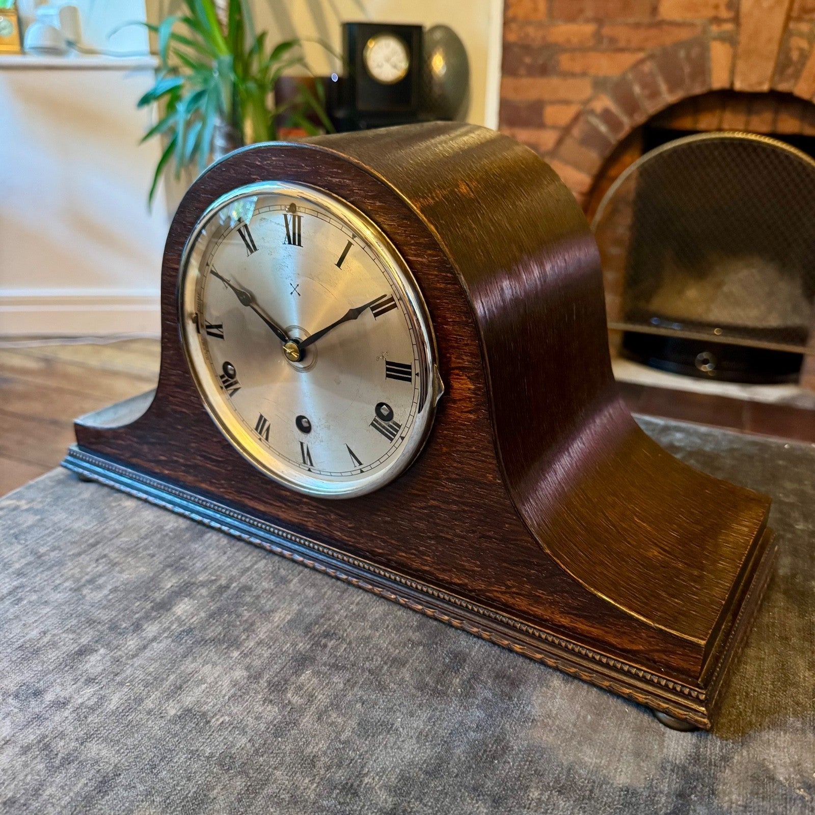 Antique HAC Westminster Chiming Mantel Clock c1930 Oak Napoleon Hat - Mahn and Co Clock Repairs