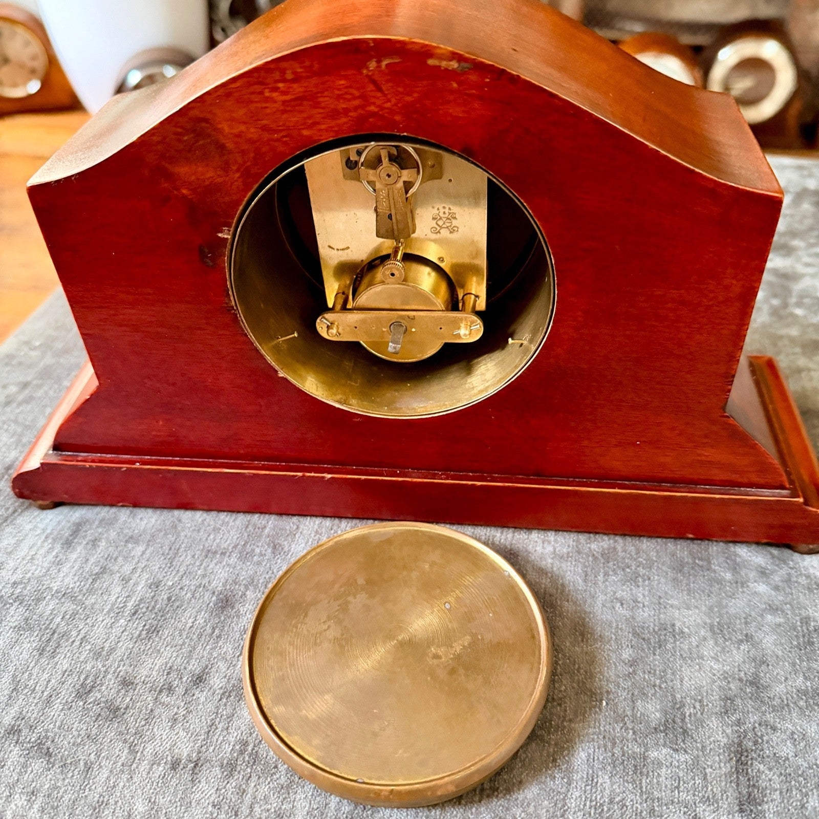 Antique Japy Frères Sheraton Revival Marquetry Mantel Clock Serviced Working - Mahn and Co Clock Repairs