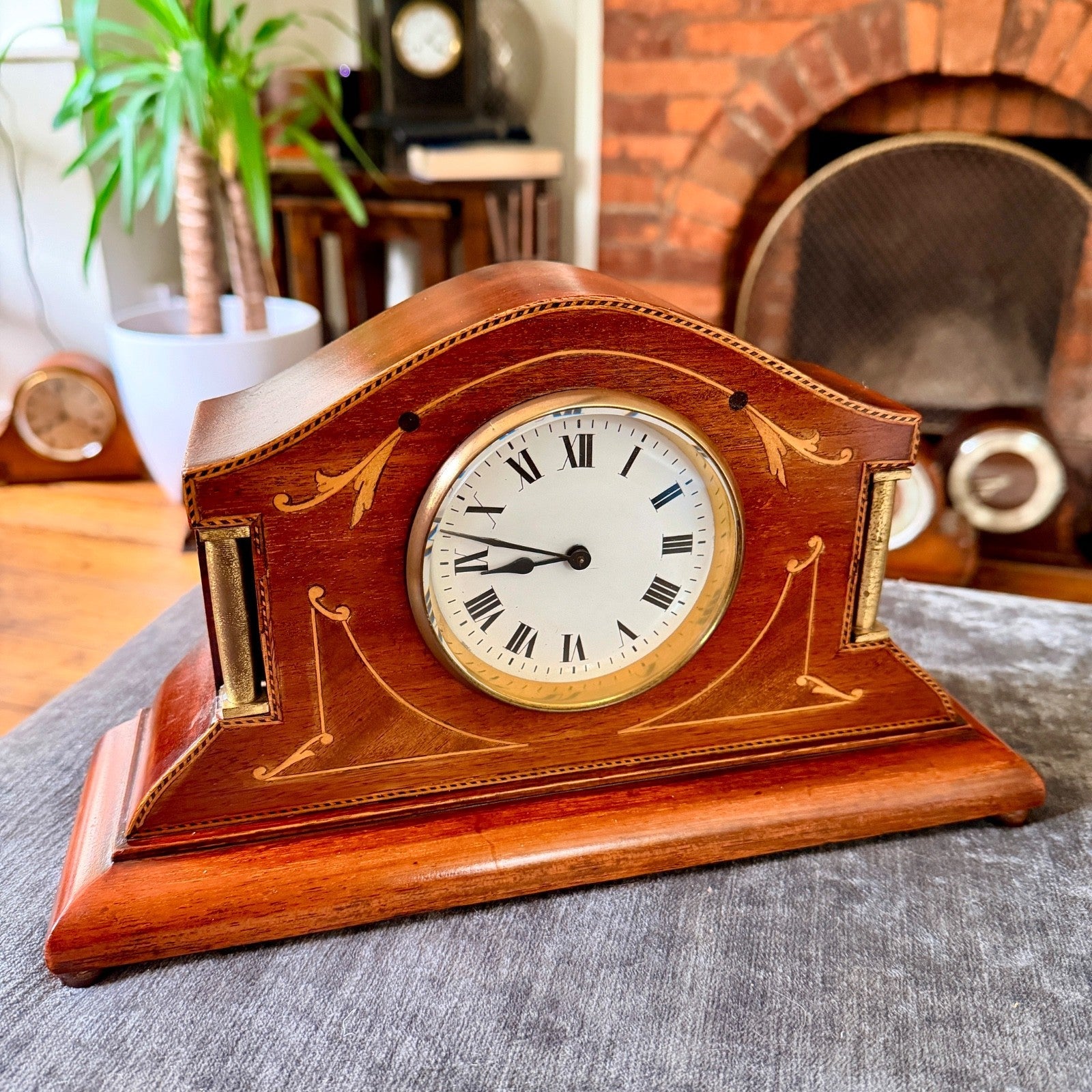 Antique Japy Frères Sheraton Revival Marquetry Mantel Clock Serviced Working - Mahn and Co Clock Repairs