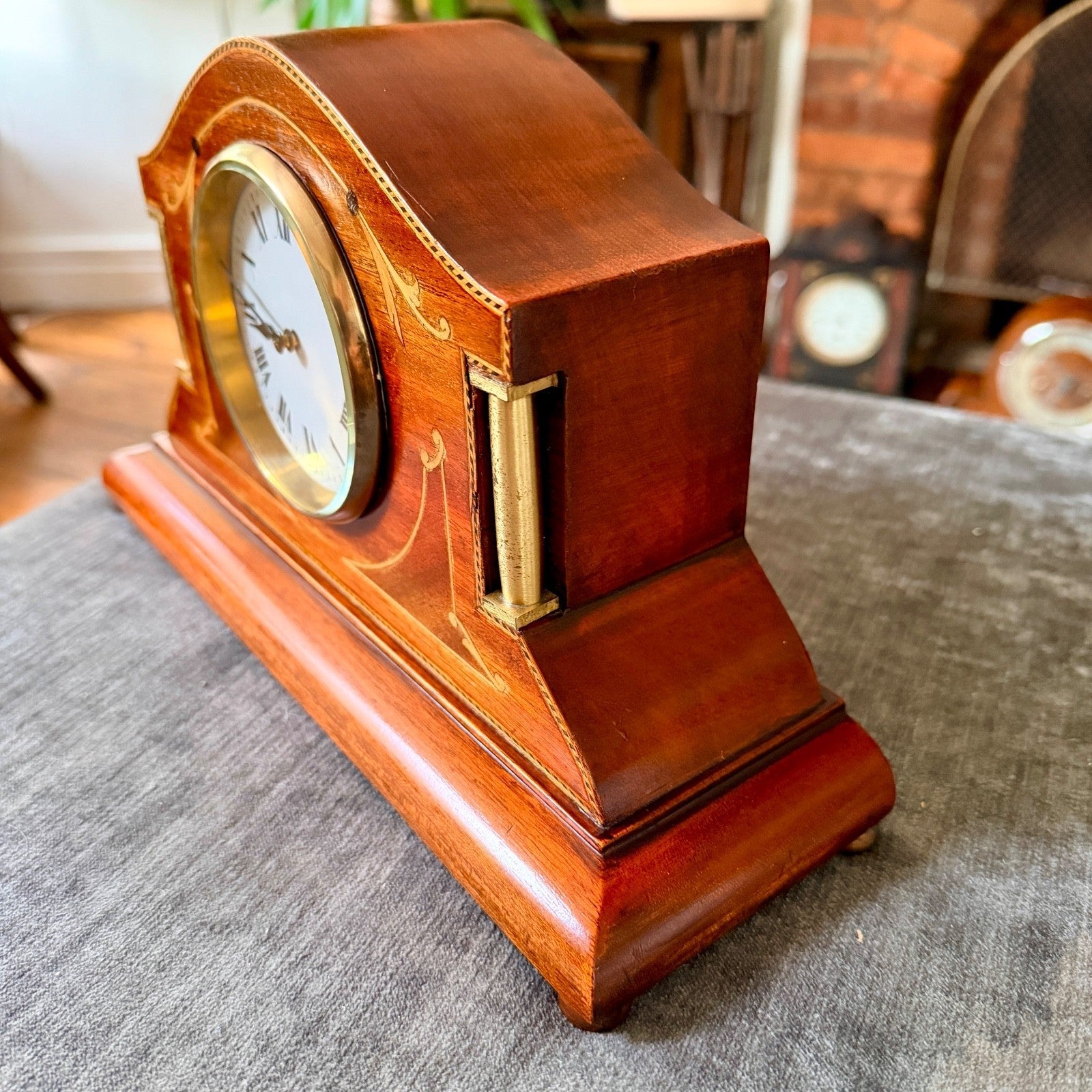 Antique Japy Frères Sheraton Revival Marquetry Mantel Clock Serviced Working - Mahn and Co Clock Repairs