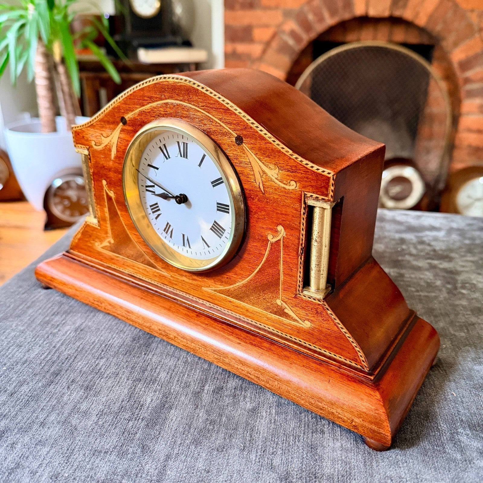 Antique Japy Frères Sheraton Revival Marquetry Mantel Clock Serviced Working - Mahn and Co Clock Repairs
