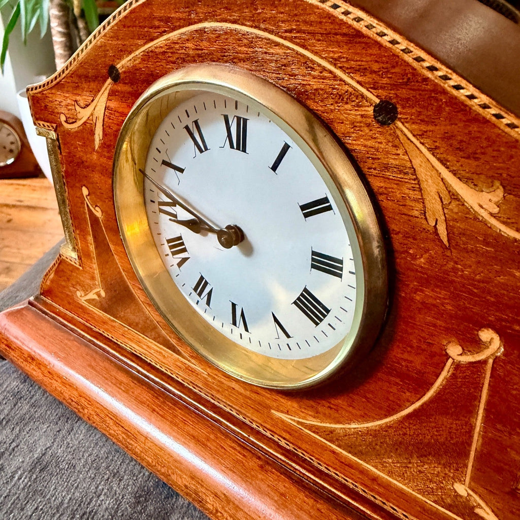 Antique Japy Frères Sheraton Revival Marquetry Mantel Clock Serviced Working - Mahn and Co Clock Repairs