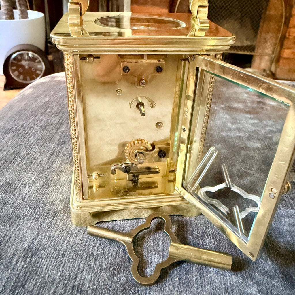 Antique Ornate Brass Carriage Clock Enamel Dial 8 Day Serviced c1900 - Mahn and Co Clock Repairs