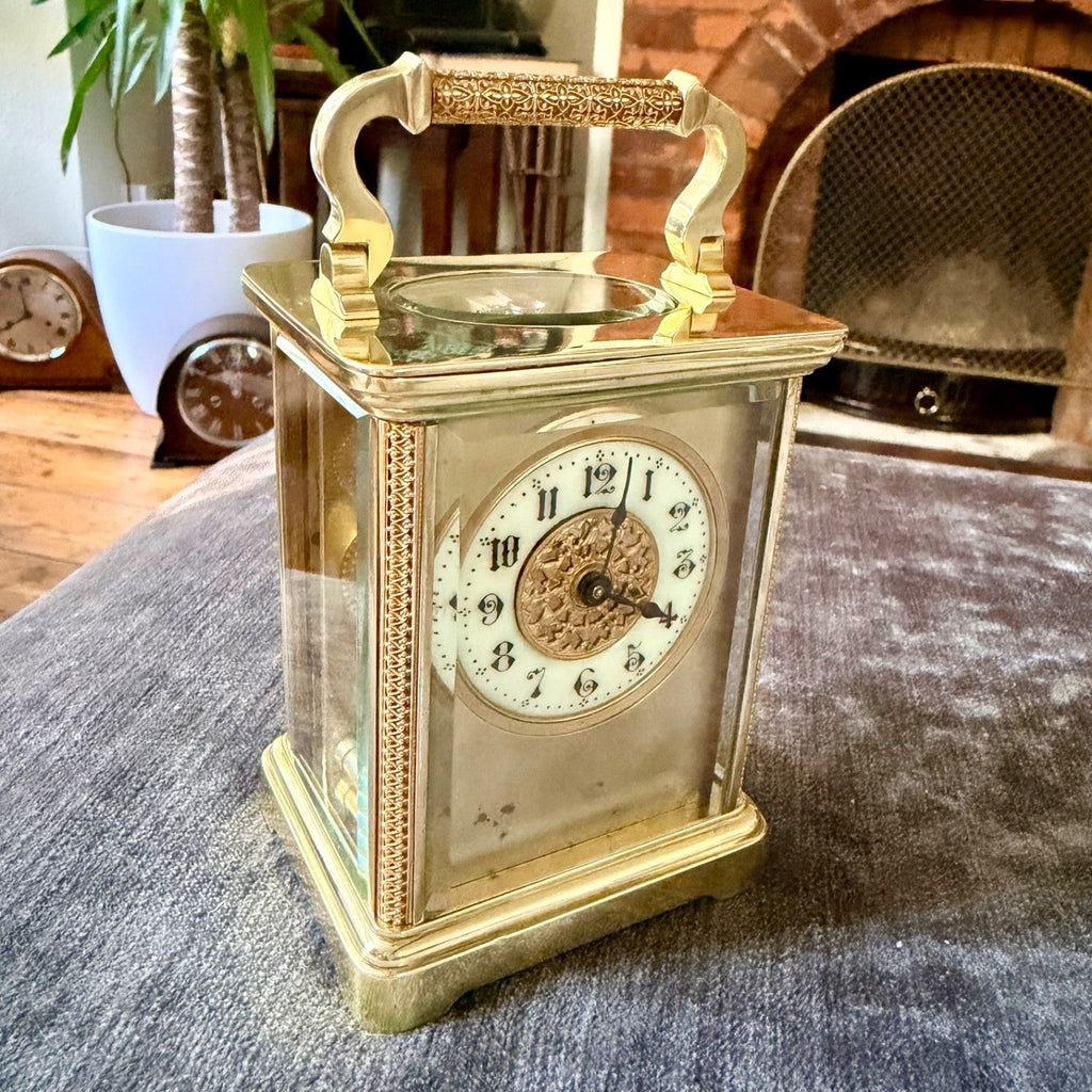 Antique Ornate Brass Carriage Clock Enamel Dial 8 Day Serviced c1900 - Mahn and Co Clock Repairs