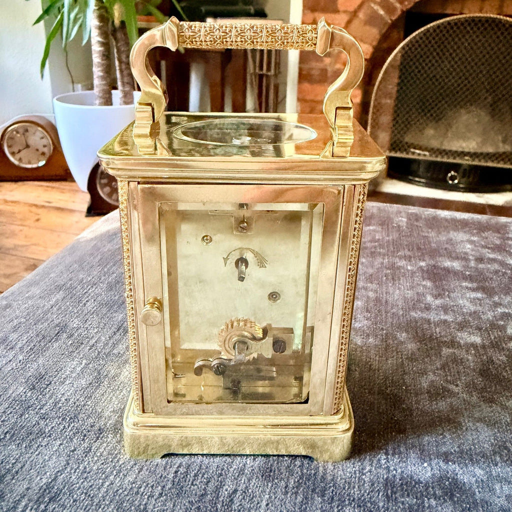 Antique Ornate Brass Carriage Clock Enamel Dial 8 Day Serviced c1900 - Mahn and Co Clock Repairs
