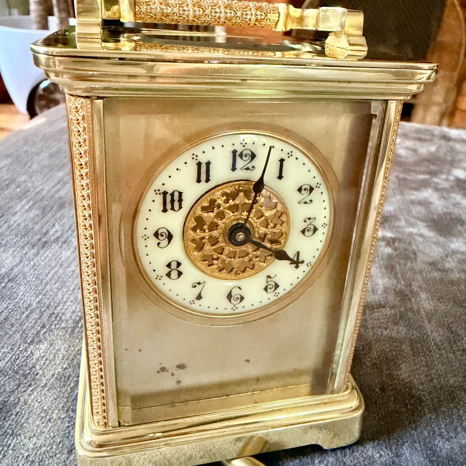 Antique Ornate Brass Carriage Clock Enamel Dial 8 Day Serviced c1900 - Mahn and Co Clock Repairs
