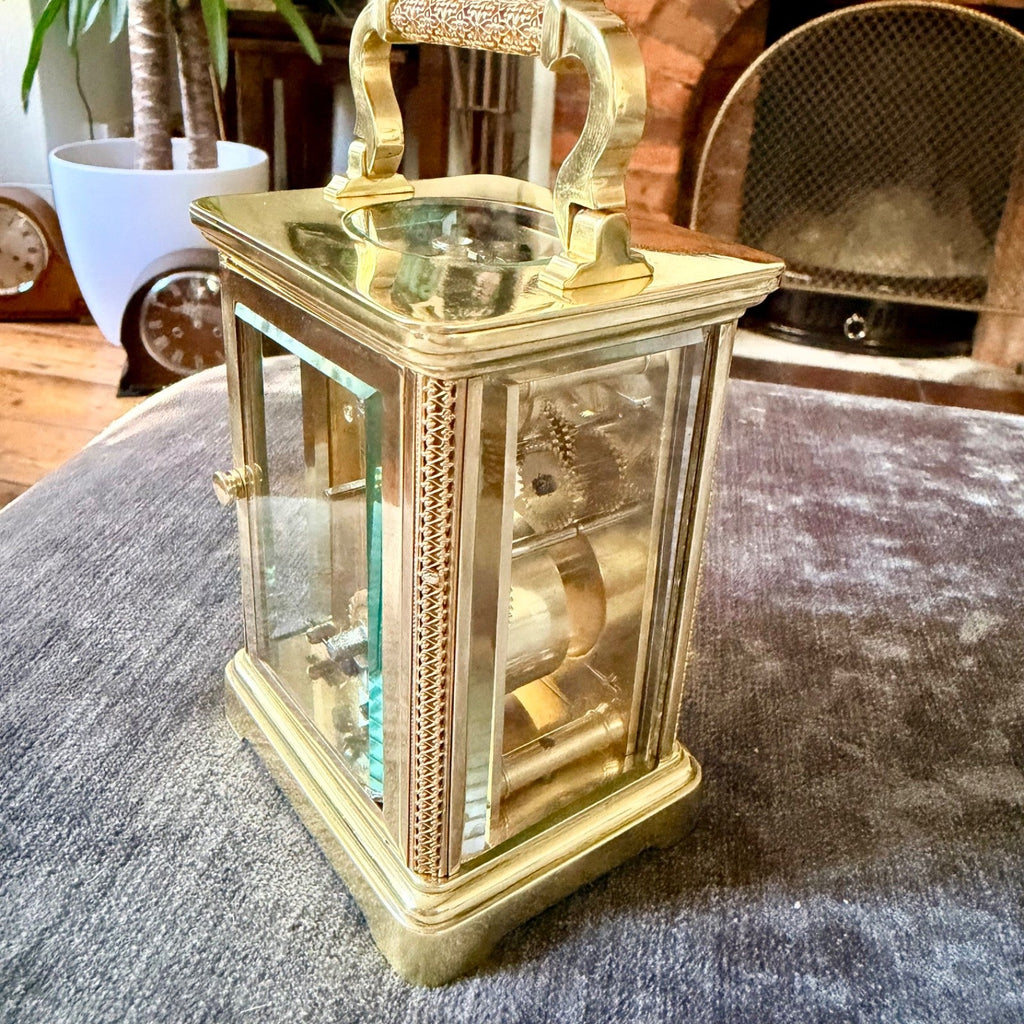 Antique Ornate Brass Carriage Clock Enamel Dial 8 Day Serviced c1900 - Mahn and Co Clock Repairs