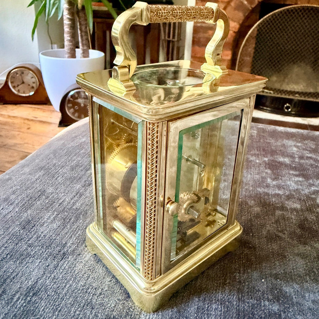Antique Ornate Brass Carriage Clock Enamel Dial 8 Day Serviced c1900 - Mahn and Co Clock Repairs