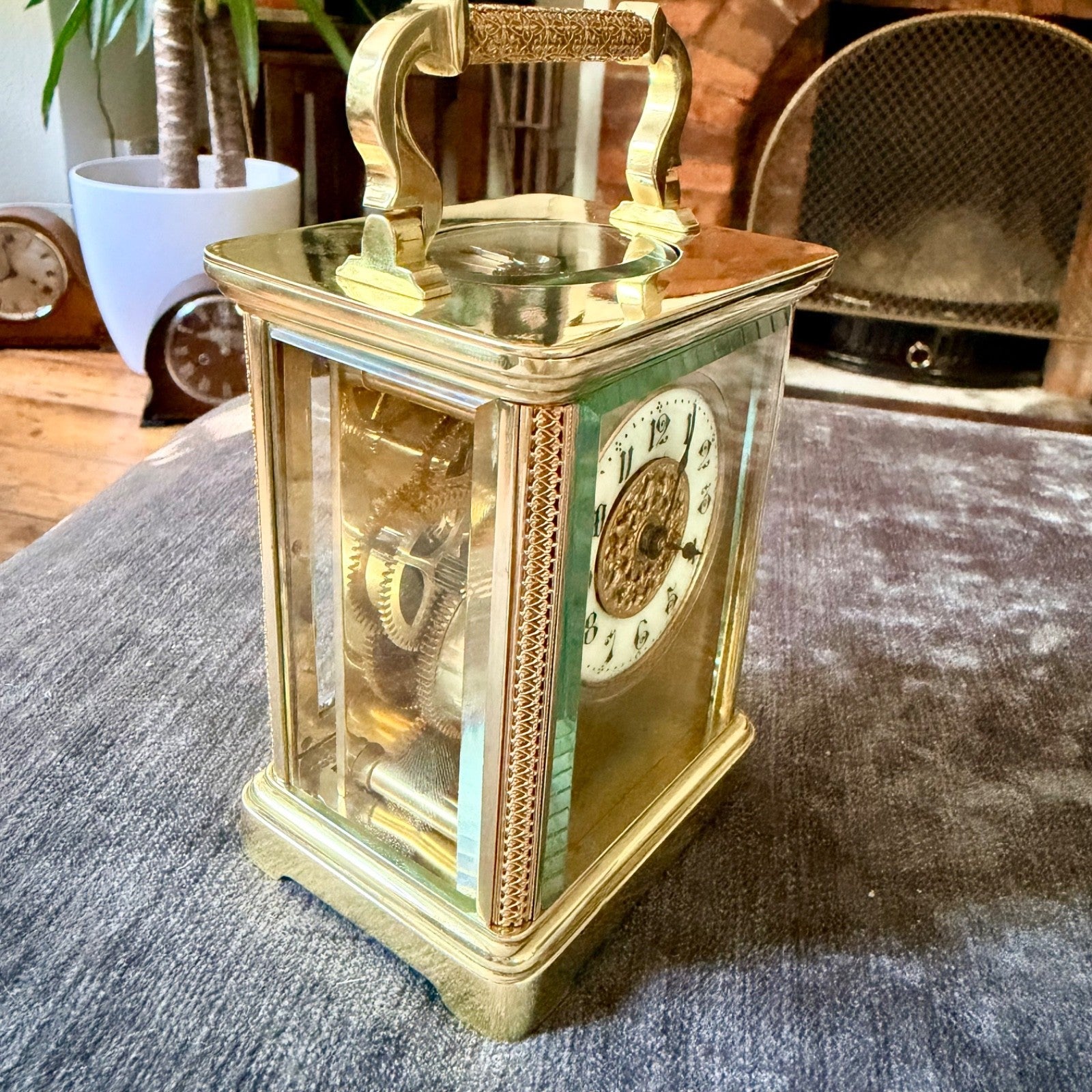 Antique Ornate Brass Carriage Clock Enamel Dial 8 Day Serviced c1900 - Mahn and Co Clock Repairs