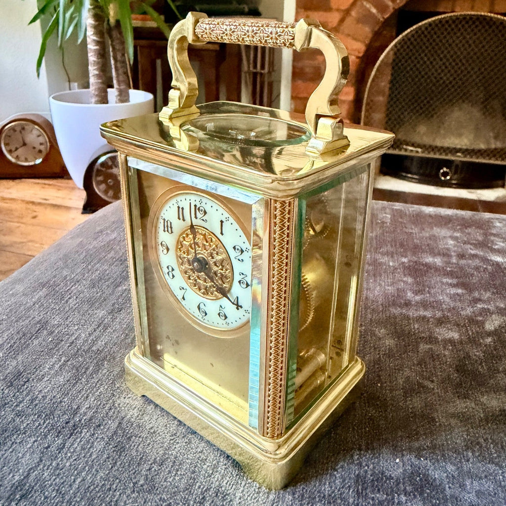 Antique Ornate Brass Carriage Clock Enamel Dial 8 Day Serviced c1900 - Mahn and Co Clock Repairs