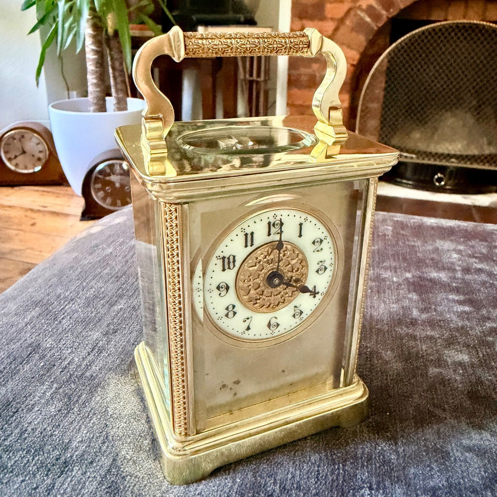 Antique Ornate Brass Carriage Clock Enamel Dial 8 Day Serviced c1900 - Mahn and Co Clock Repairs