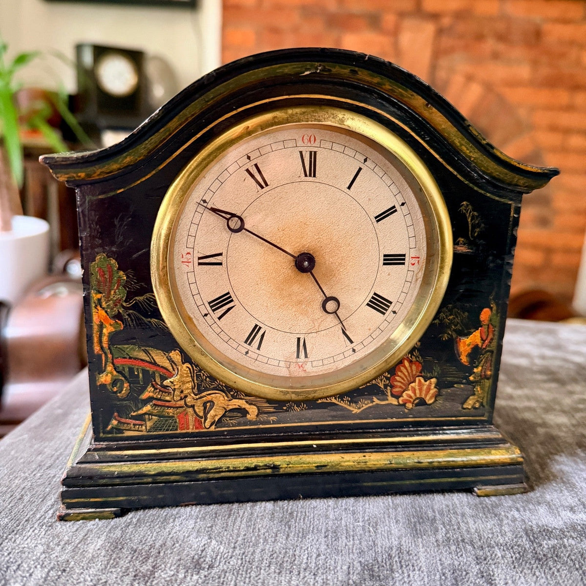 Antique Swiss Chinoiserie Mantel Clock Platform Escapement Serviced 1930s - Mahn and Co Clock Repairs