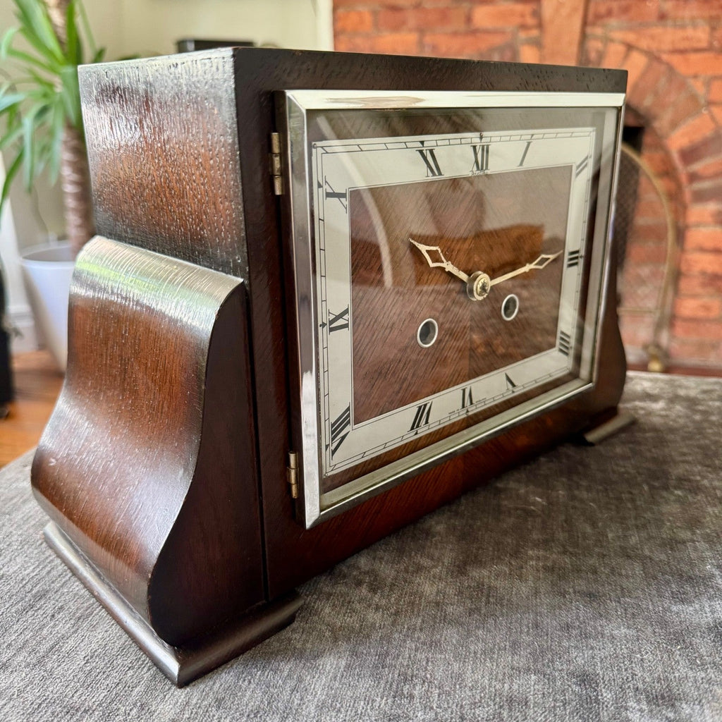 Bentima Art Deco Oak Mantel Clock Twin Train Gong Strike Fully Serviced - Mahn and Co Clock Repairs