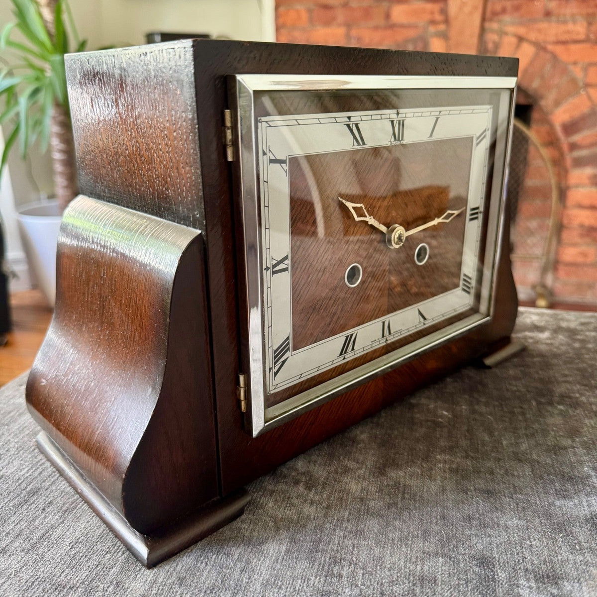 Bentima Art Deco Oak Mantel Clock Twin Train Gong Strike Fully Serviced - Mahn and Co Clock Repairs