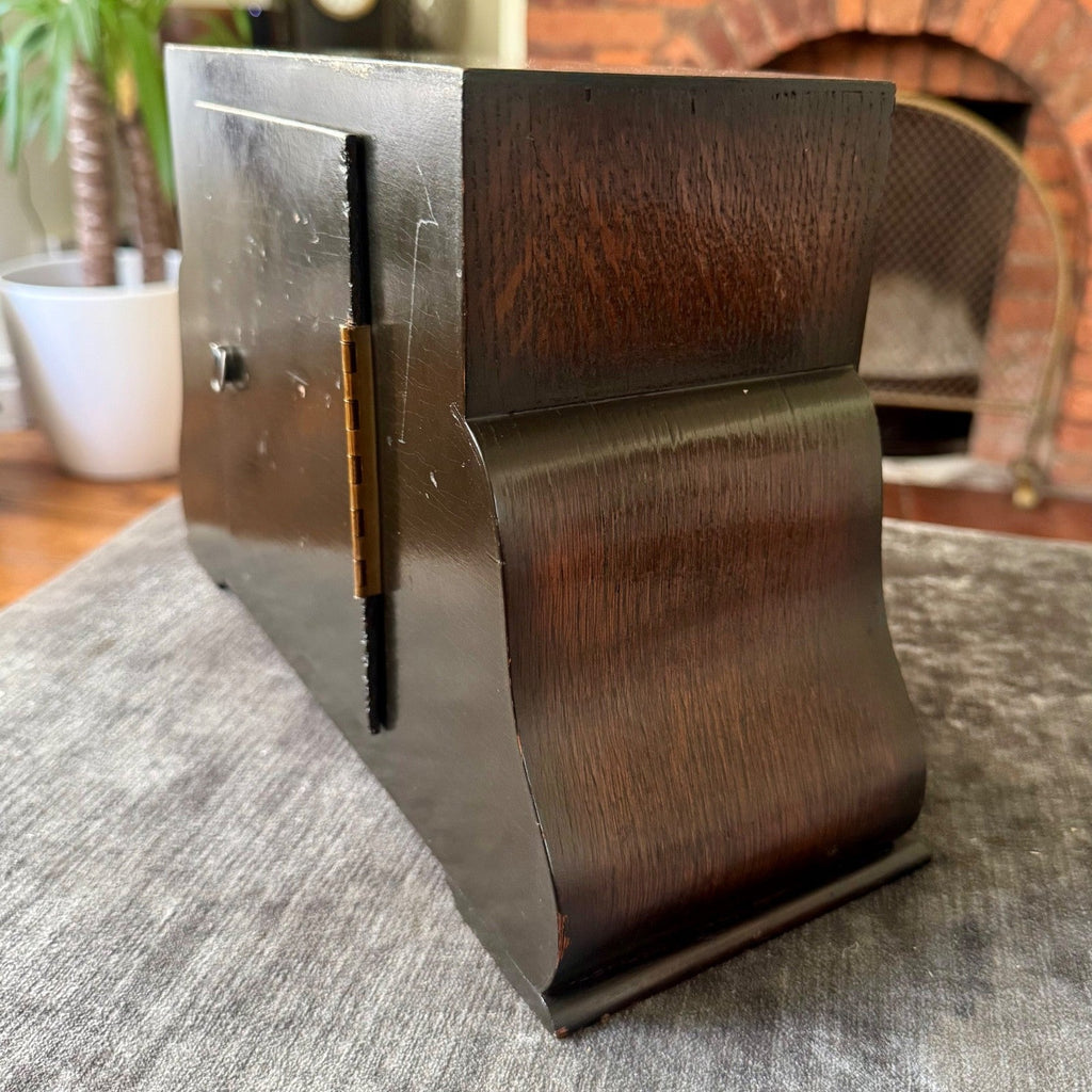 Bentima Art Deco Oak Mantel Clock Twin Train Gong Strike Fully Serviced - Mahn and Co Clock Repairs