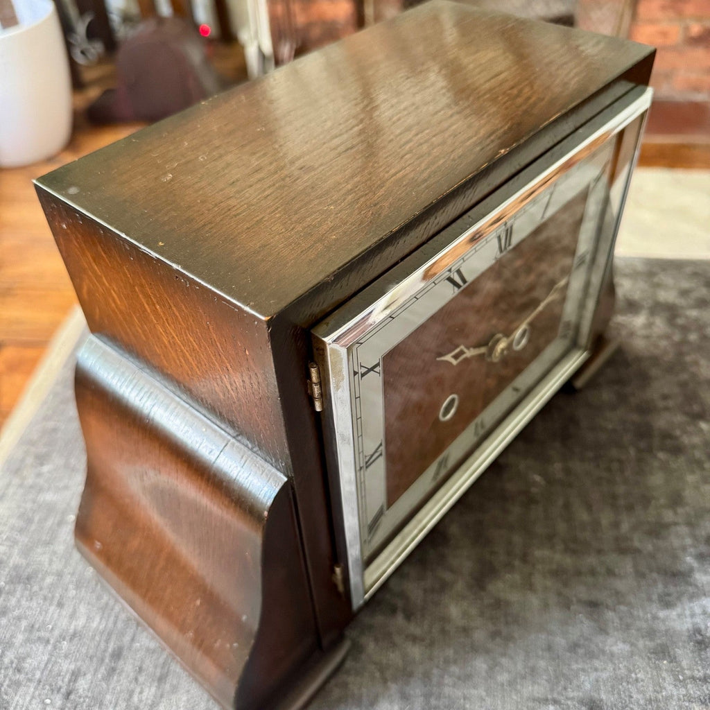 Bentima Art Deco Oak Mantel Clock Twin Train Gong Strike Fully Serviced - Mahn and Co Clock Repairs