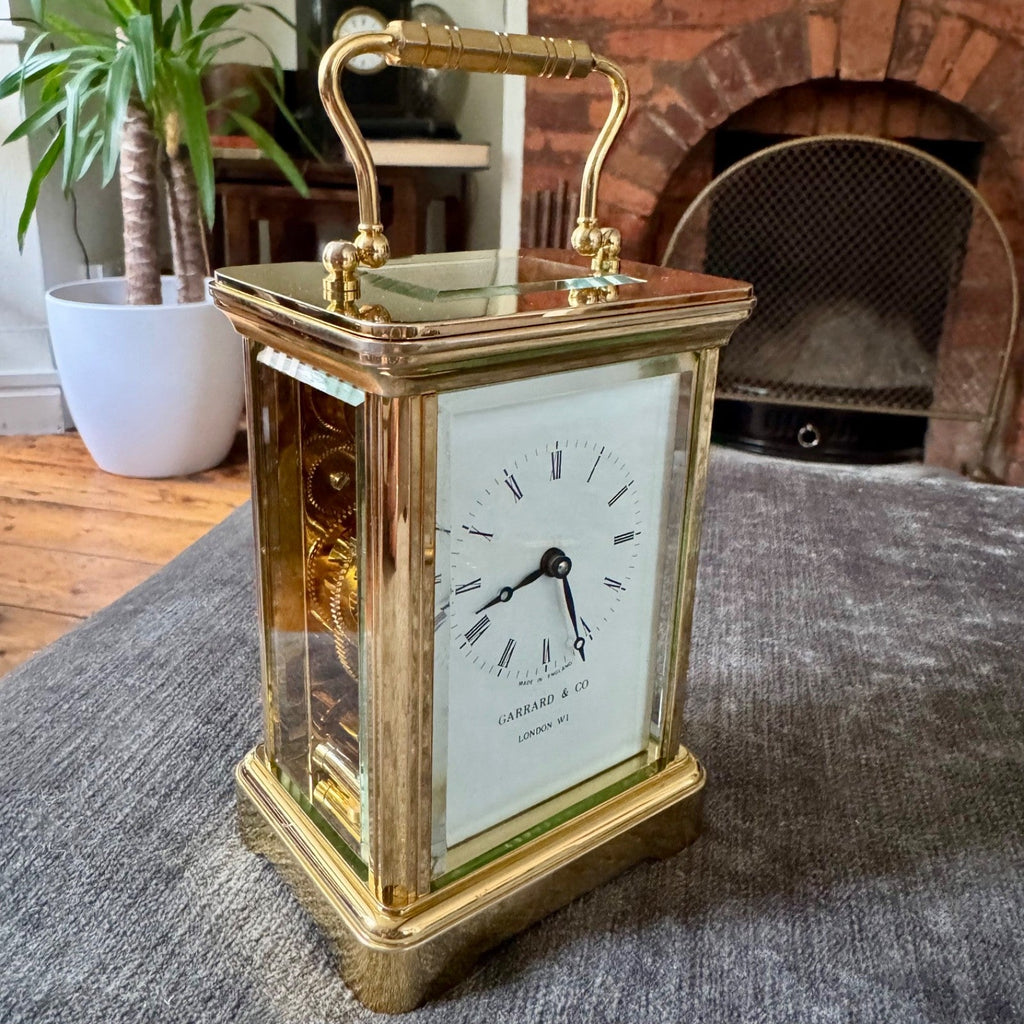 Garrard & Co London FEMA Brass Carriage Clock 8 Day Mechanical Serviced with Key - Mahn and Co Clock Repairs