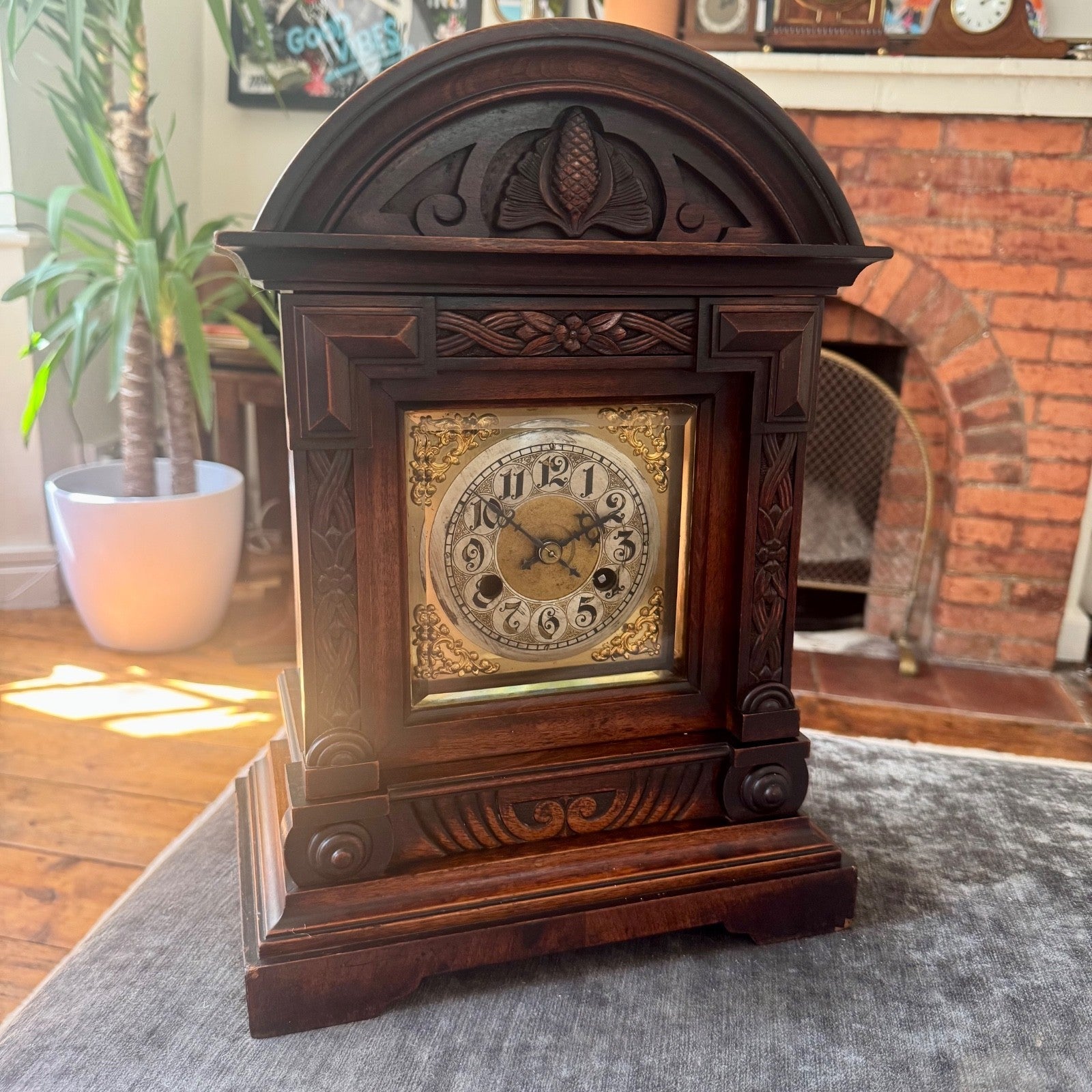 Large Antique Junghans Mantel Clock Carved Oak Time Only c1910 - Mahn and Co Clock Repairs