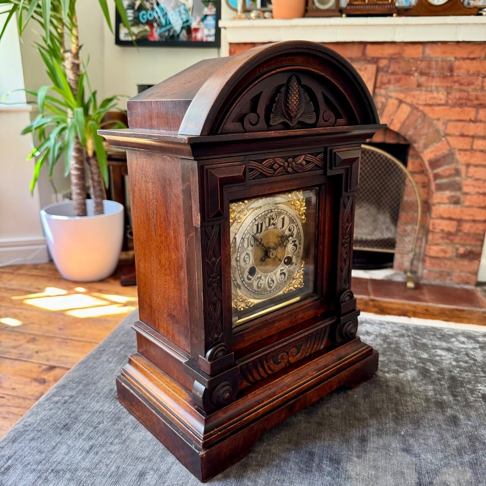 Large Antique Junghans Mantel Clock Carved Oak Time Only c1910 - Mahn and Co Clock Repairs