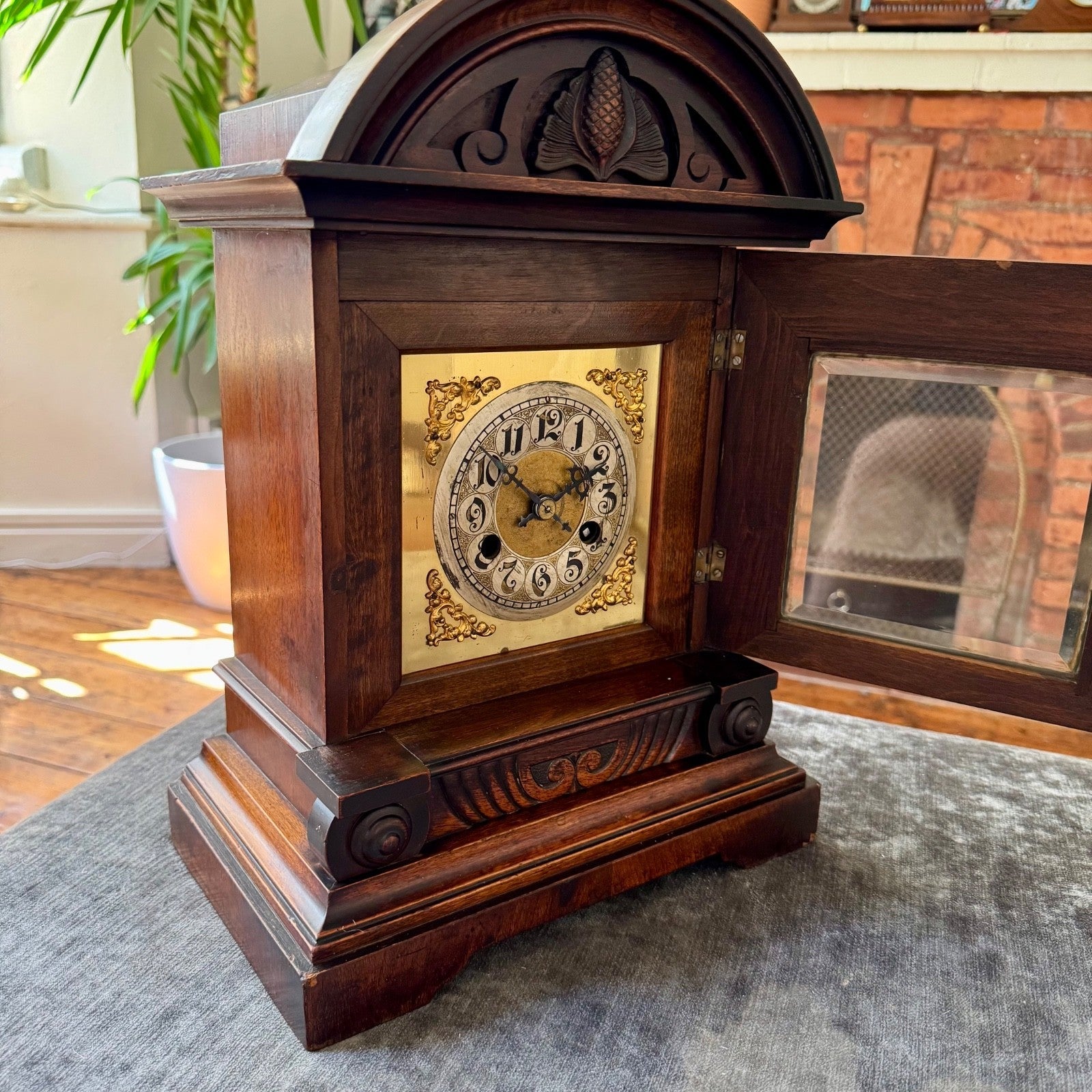 Large Antique Junghans Mantel Clock Carved Oak Time Only c1910 - Mahn and Co Clock Repairs