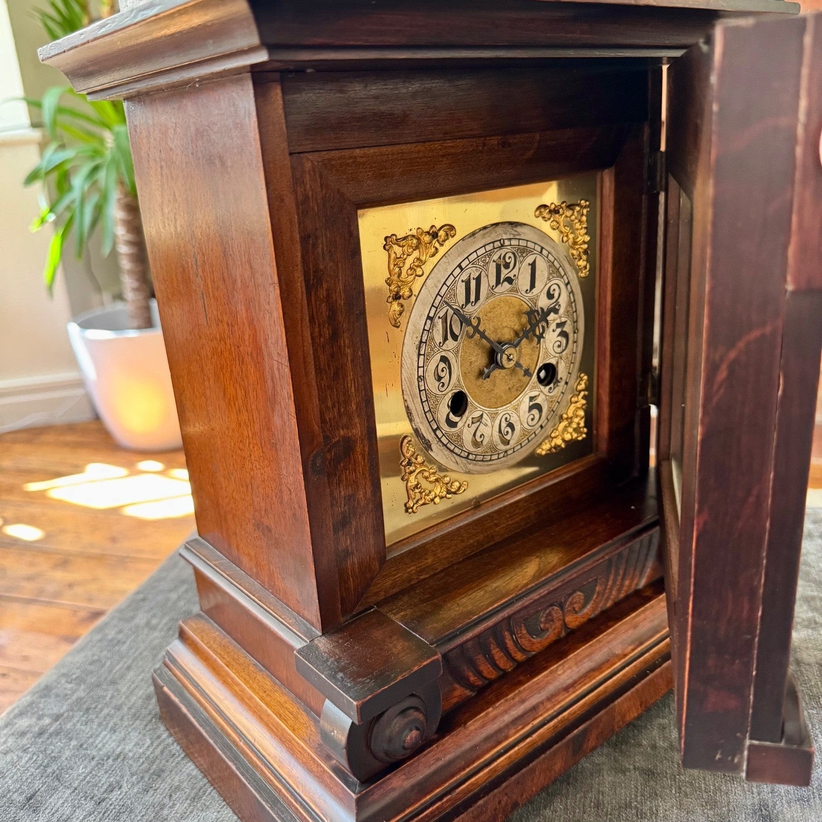 Large Antique Junghans Mantel Clock Carved Oak Time Only c1910 - Mahn and Co Clock Repairs
