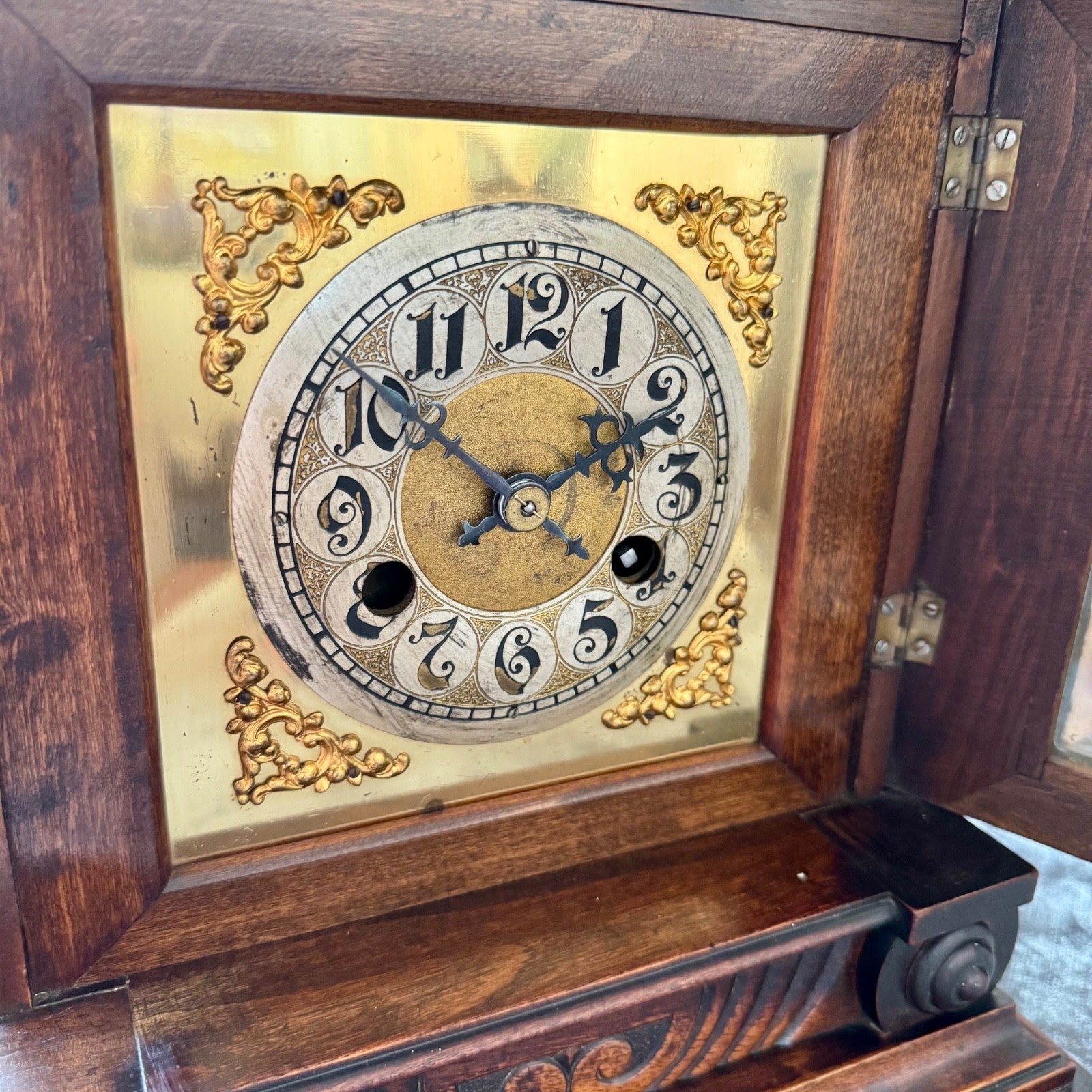 Large Antique Junghans Mantel Clock Carved Oak Time Only c1910 - Mahn and Co Clock Repairs