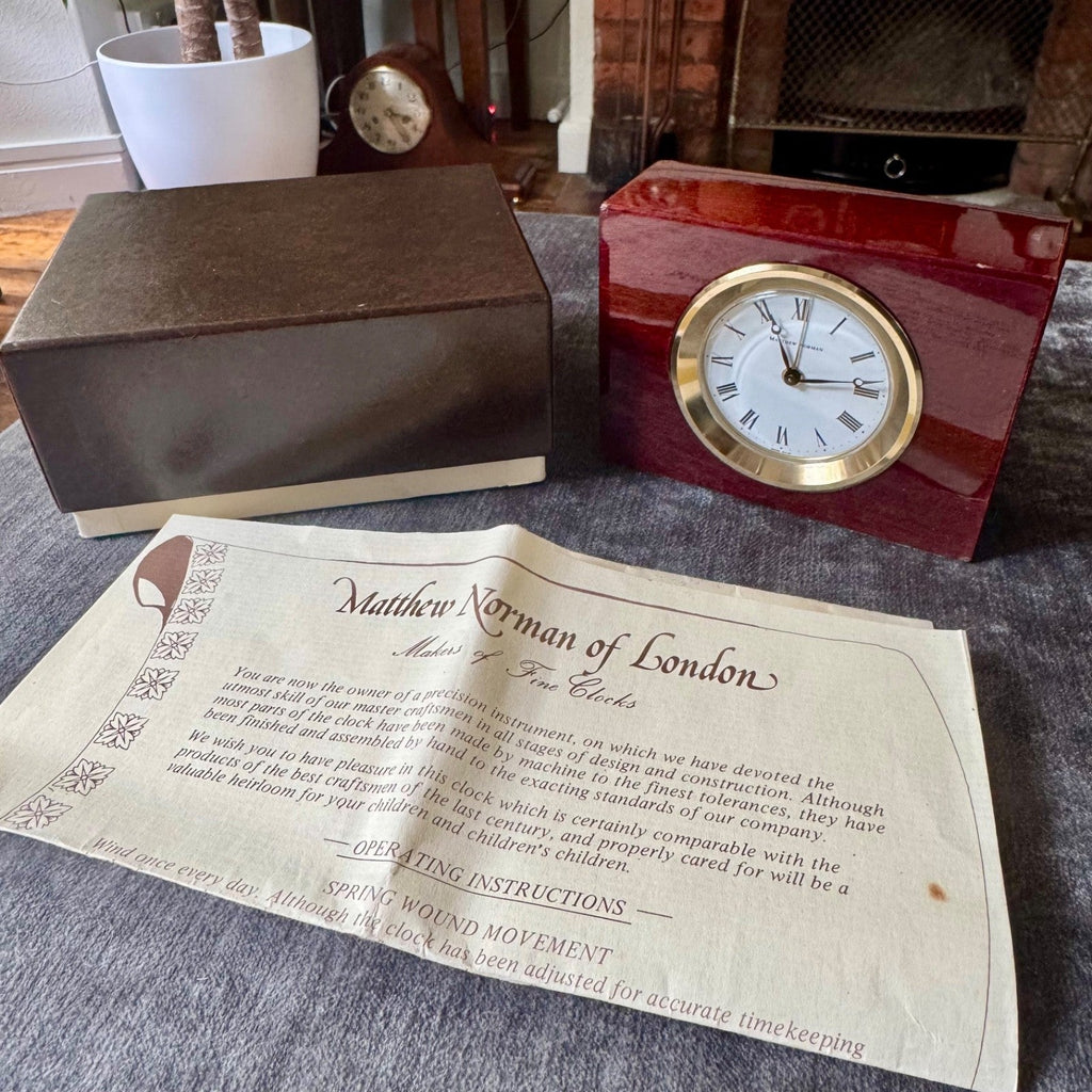 Matthew Norman 811HW Swiss Mechanical Alarm Clock Box Papers 1979 Working - Mahn and Co Clock Repairs