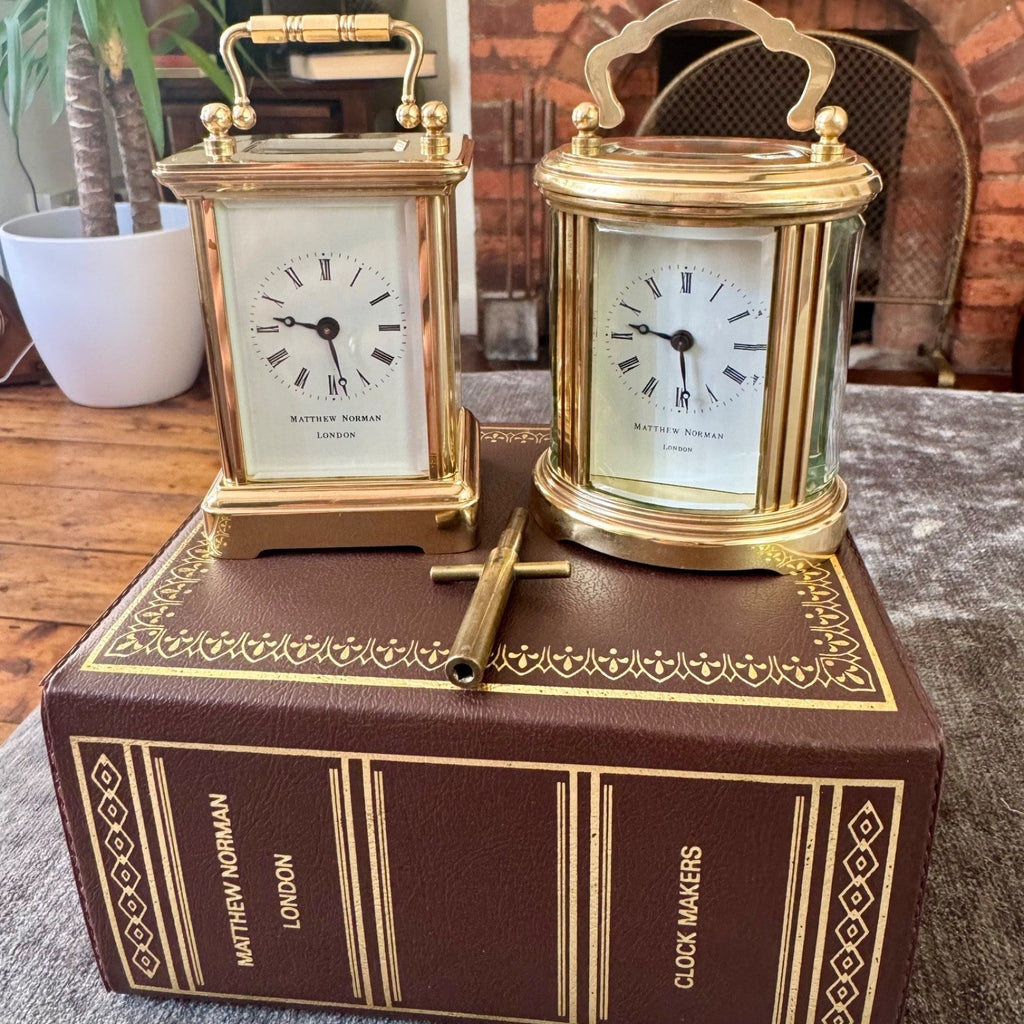 Pair Matthew Norman Miniature Swiss Carriage Clocks Boxed 1977 Serviced - Mahn and Co Clock Repairs